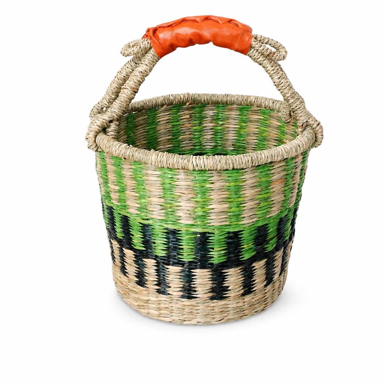 Cesta junco mar verde con asas de cuero para picnic y almacenamiento en hogar