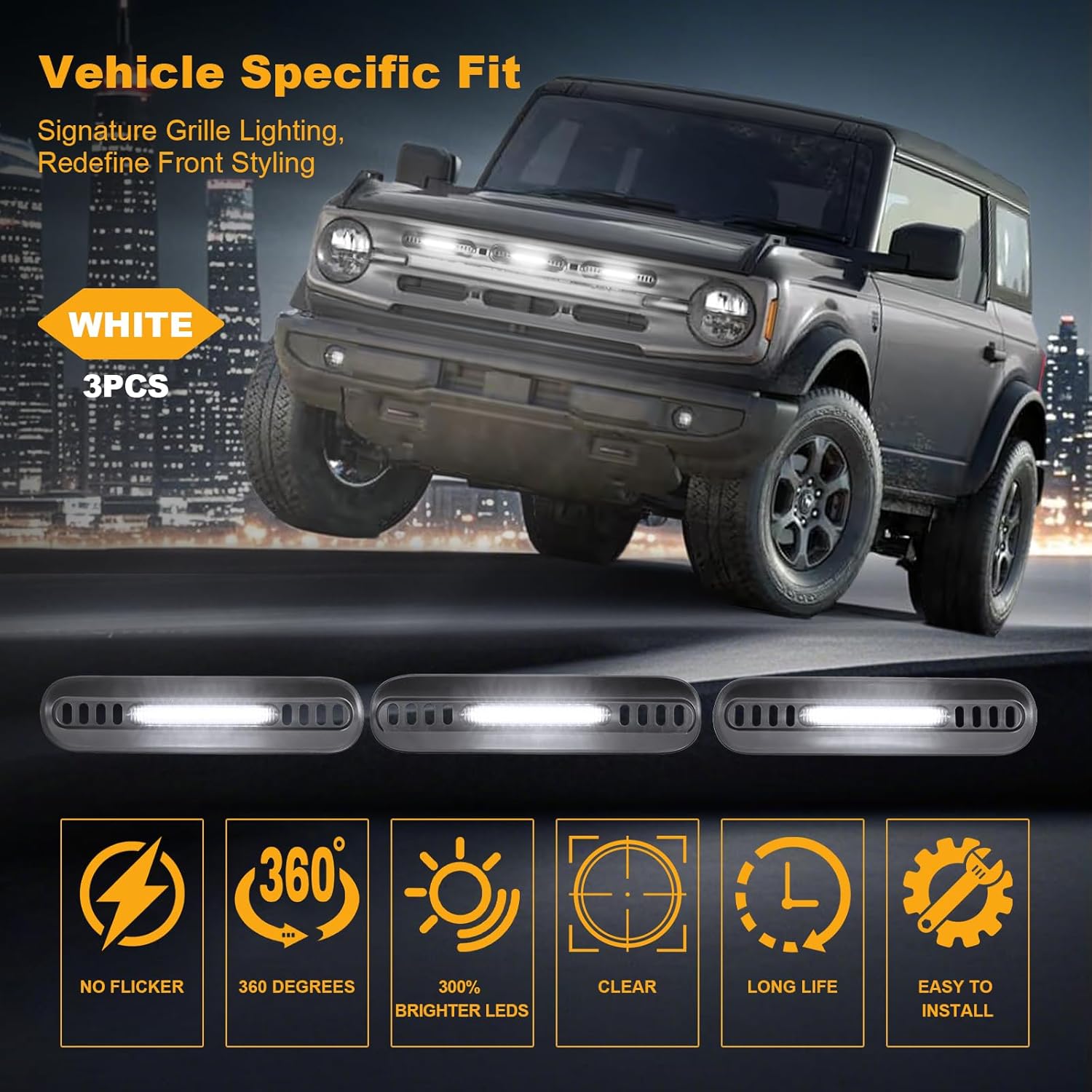 LED Grille Lights for Ford Bronco 2024 2021 2022 2023 Front Grill Inserts Light Snap-on Lamps Fits for Big Bend Outer Bank Accessories 2-4 Door (White Lights, 3PCS)