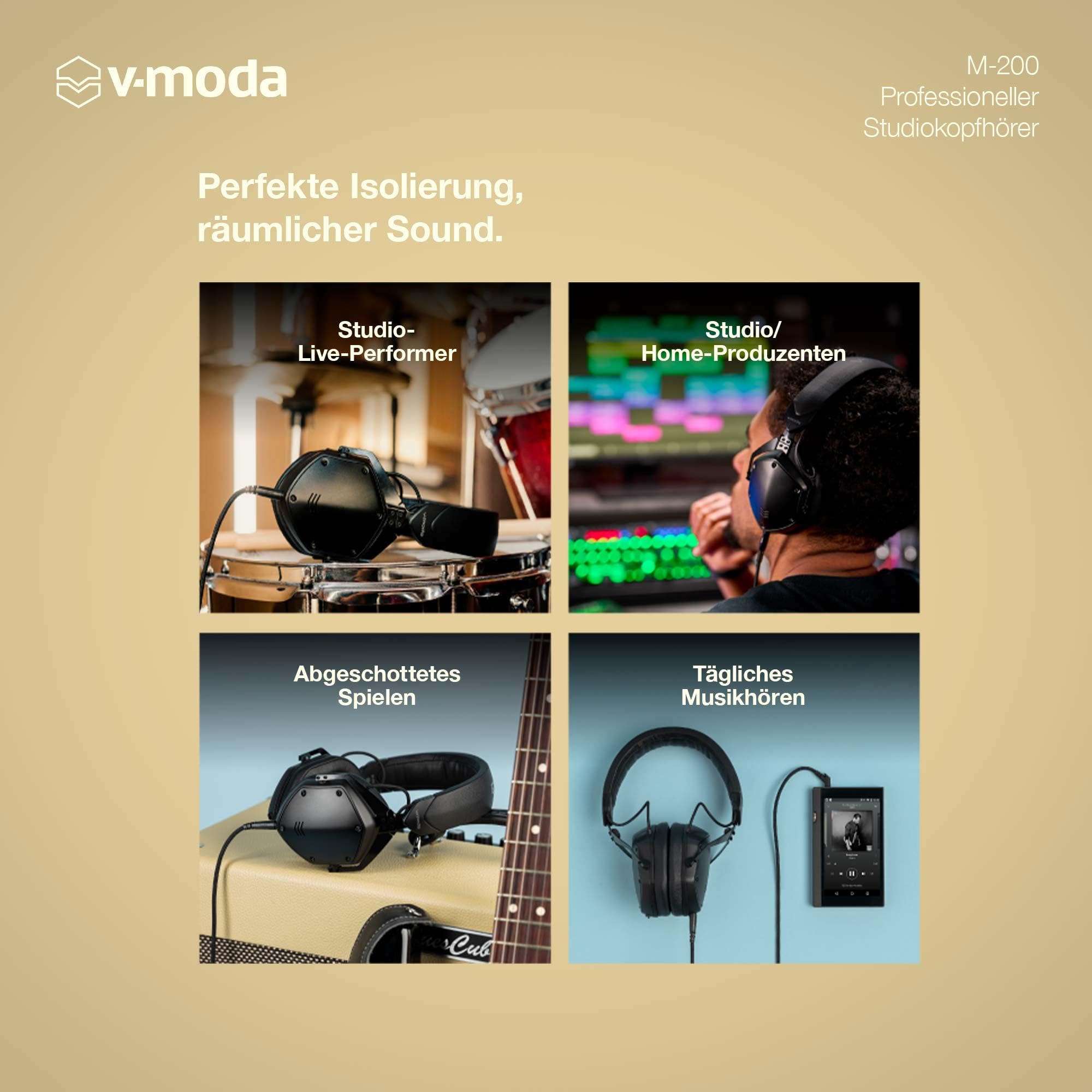 V-Moda M-200 professioneller Studiokopfhörer | Leichtmetallgehäuse | Anpassbares Kopfband zum Abhören mit einem Ohr | Hi-Res Audio-Zertifiziert | Exoskelett-Case | Mattschwarz