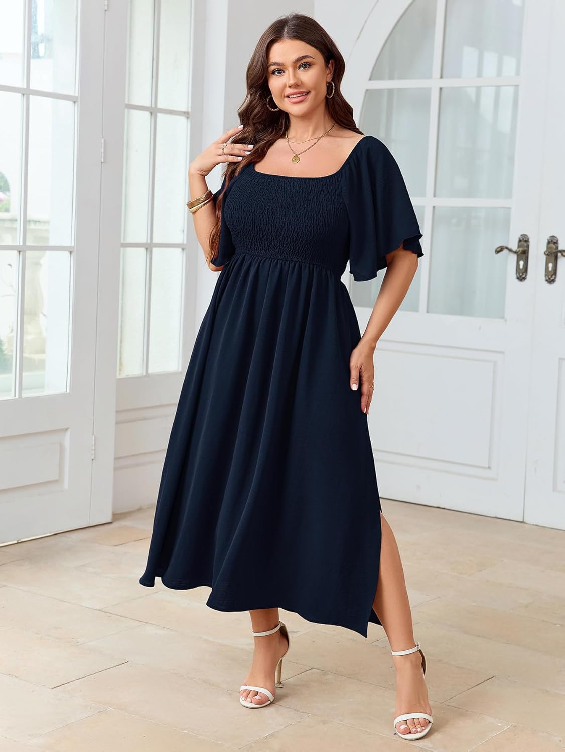 Women's Plus Size Dress Short Sleeve Square Neck Smocked Side Split Flowy A Line Long Maxi Dress - Image 2