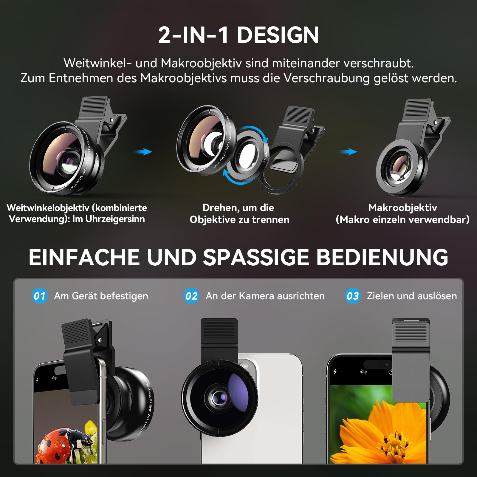 Evil Eye Universal Handykamera Objektiv Set, 0,45X Weitwinkel & 12,5X Makro mit Universalclip, Kompatibel mit iPhones & Android-Smartphones, Ideal für Reisen, Alltag & Social-Media-Fotografie
