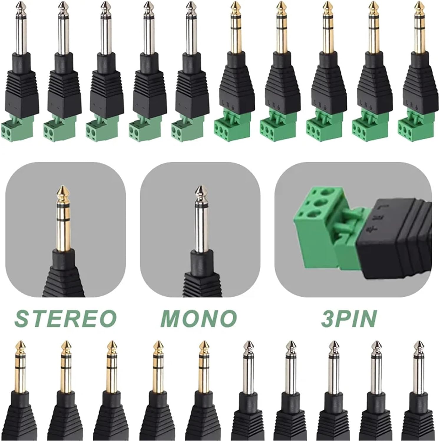 2/4/10Pcs 6.35mm Mono Stereo Plug 1/4" Audio Plug 2/3Pins Terminal Audio Male Plugs Connector for Audio Speaker(6.35MM Stereo,10PCS)
