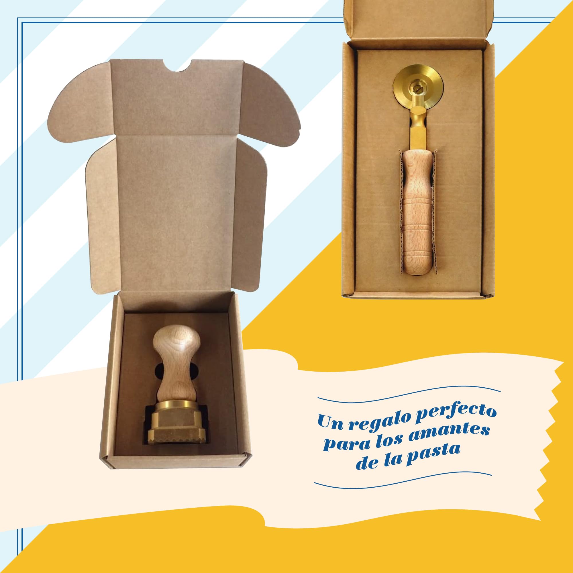 La Gondola Set de 2 Cortadores de Raviolis Caseros - Redondo Liso 38 mm y Cuadrado Festoneado 45x45 mm | Cortapastas de Latón y Madera | Cortador de Pasta Fácil de Usar | Utensilios para Pasta Fresca