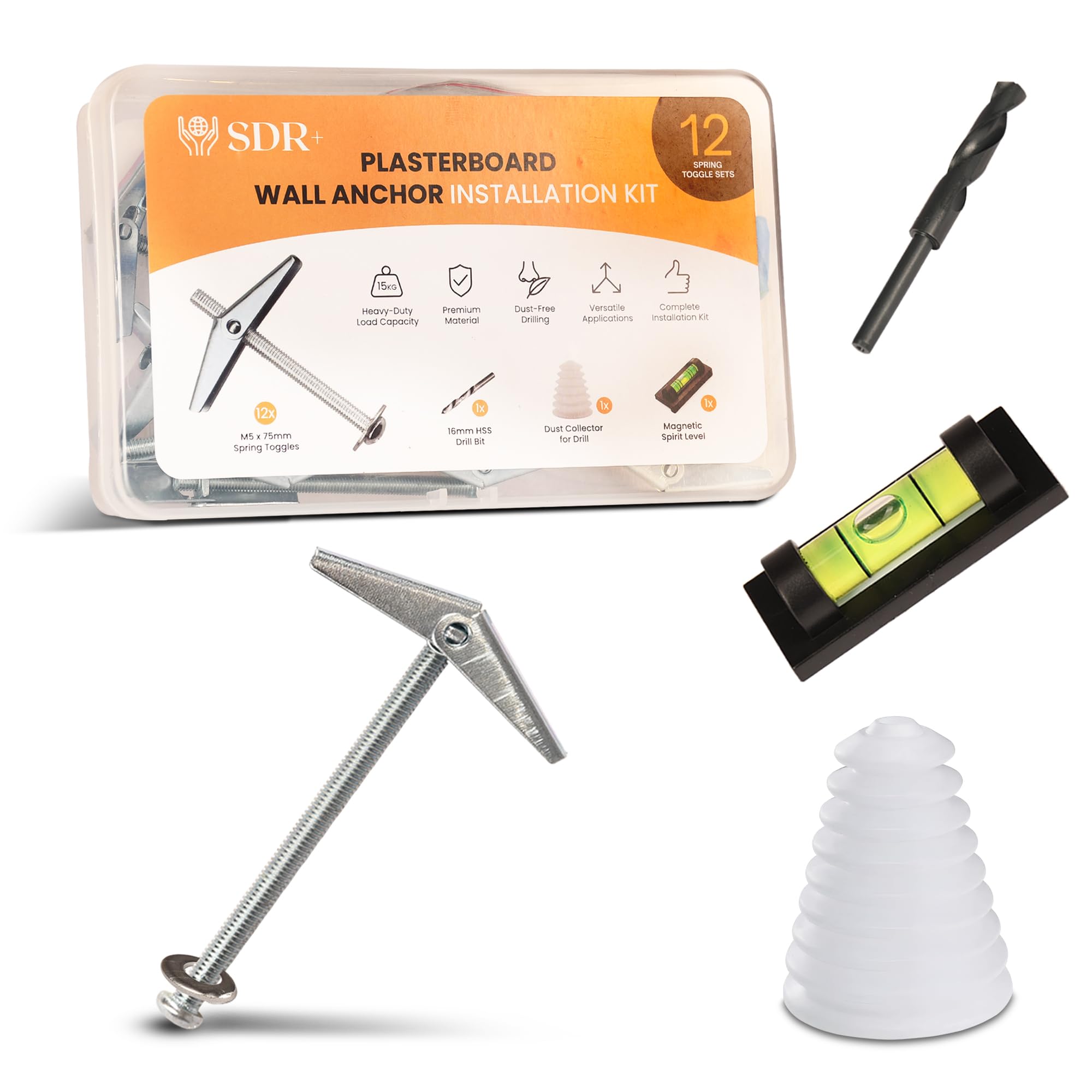 Heavy Duty Cavity Wall Fixings Kit for TV Brackets | 12x M5 Spring Toggle Bolts (15kg Load) | Plasterboard Anchor Kit with 16mm Drill Bit, Dust Collector & Spirit Level โ No Stud Required