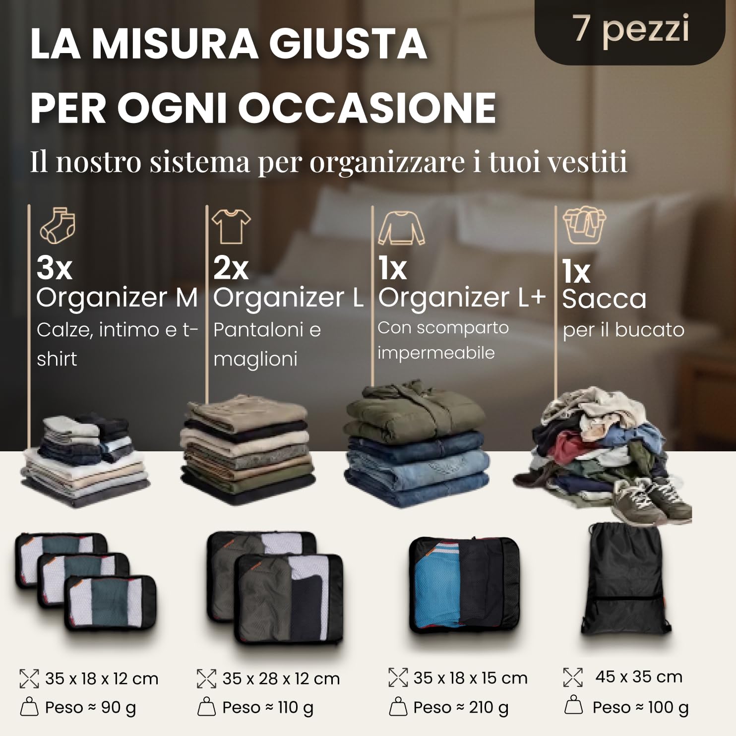 LOONARA Sacchetti compressibili per valigie e zaini [7 pezzi] - Cubi compressibili, organizer da viaggio, borse da viaggio, accessori per campeggio ed escursionismo (Alpine Slate - Grigio)