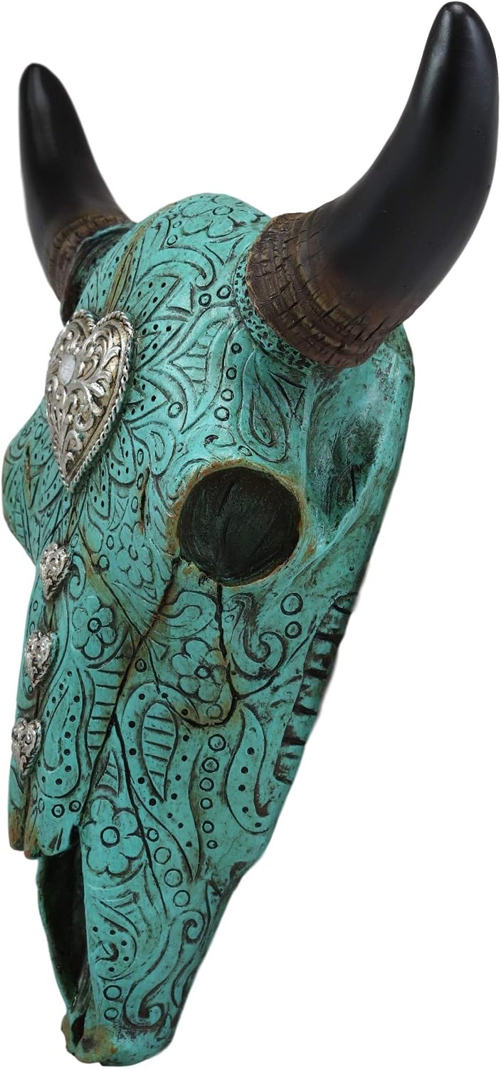 Ebros 10" Wide Western Southwest Steer Bison Buffalo Bull Cow Horned Skull Head Turquoise Silver Heart With Scroll Lace Design Wall Mount Decor Native Indian Sacred Animal Totem Bust Skulls