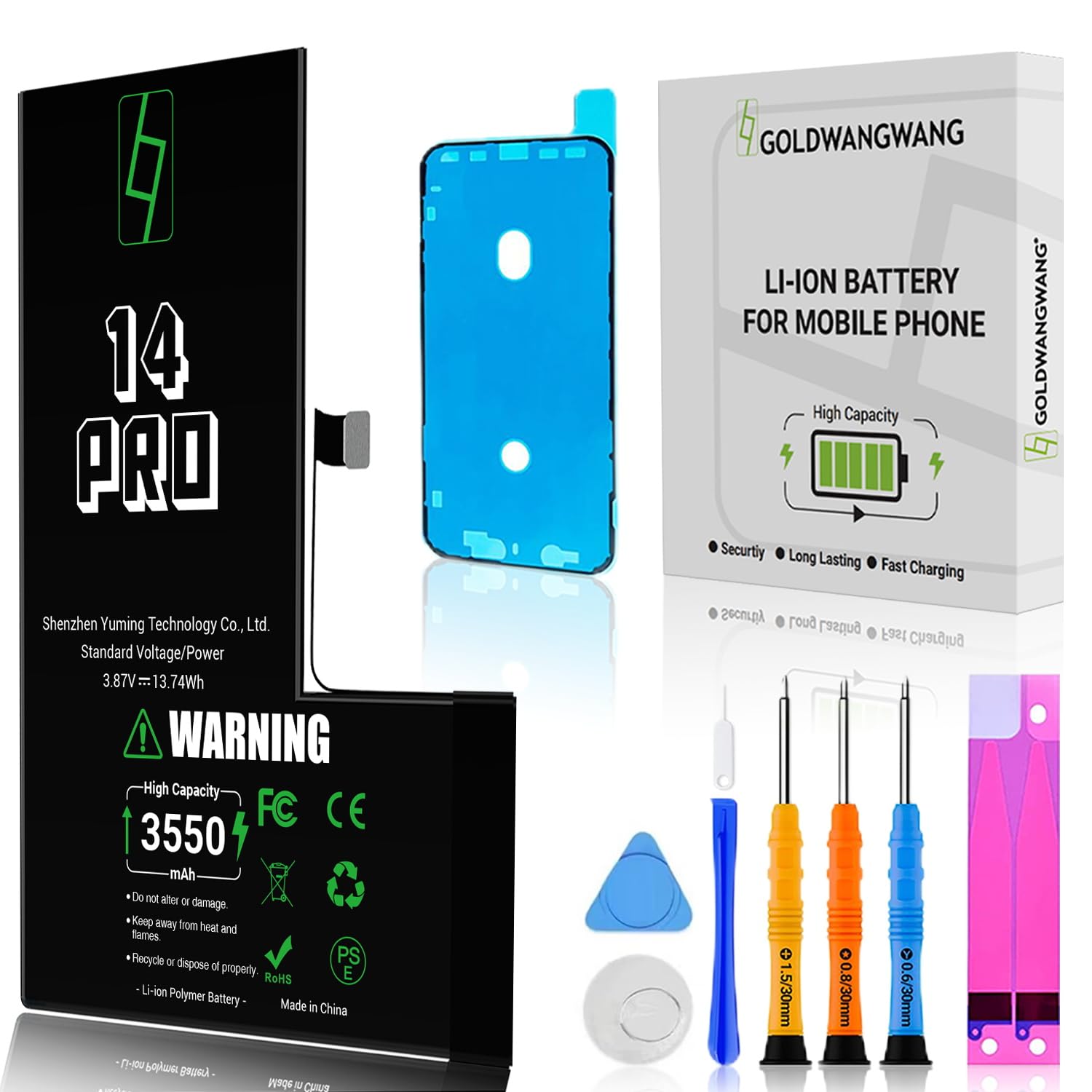 Akku für iPhone 14 Pro, 3550mAh Hohe Kapazität, 0 Zyklen, Komplettes Reparaturset, Kompatibel mit A2650/A2889/A2890/A2891/A2892, Zertifiziert CE/RoHS/FCC/PSE