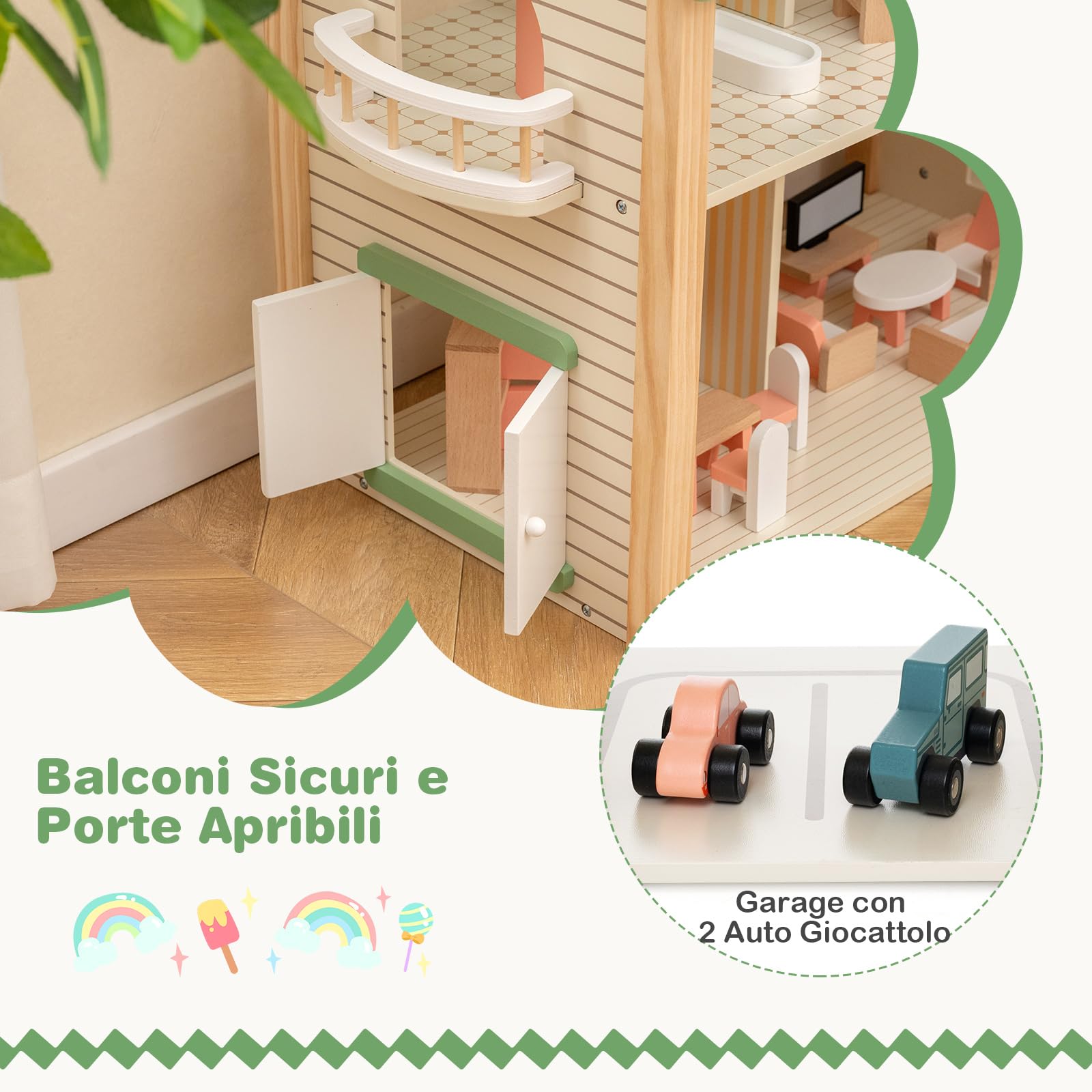 COSTWAY Casa delle Bambole ad Angolo in Legno, Casetta delle Bambole a 3 Piani con 36 Mobili e Accessori, 6 Stanze, Balconi e Garage, Giocattolo per bambini 3+ Anni, 87 x 37 x 83 cm