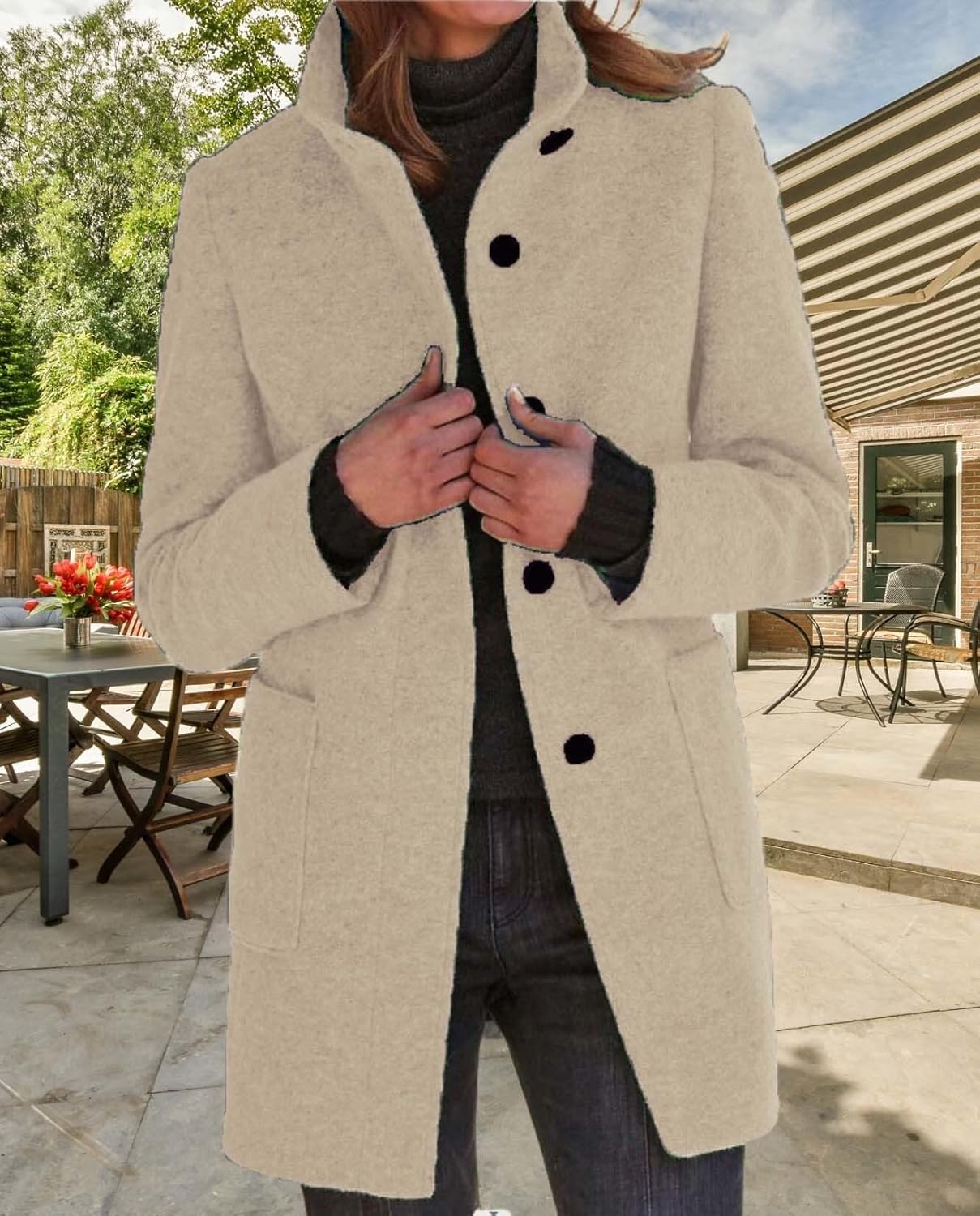 Womens Winter Long Vintage Solid Color Coat Wool Blend Standing Collar Button Thickened Jacket - Image 2