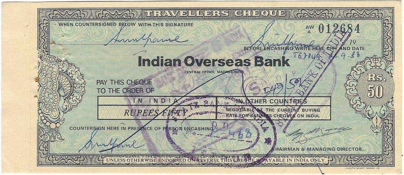 India 1983 Indian Overseas Bank 50 Rupees Travellers Cheque