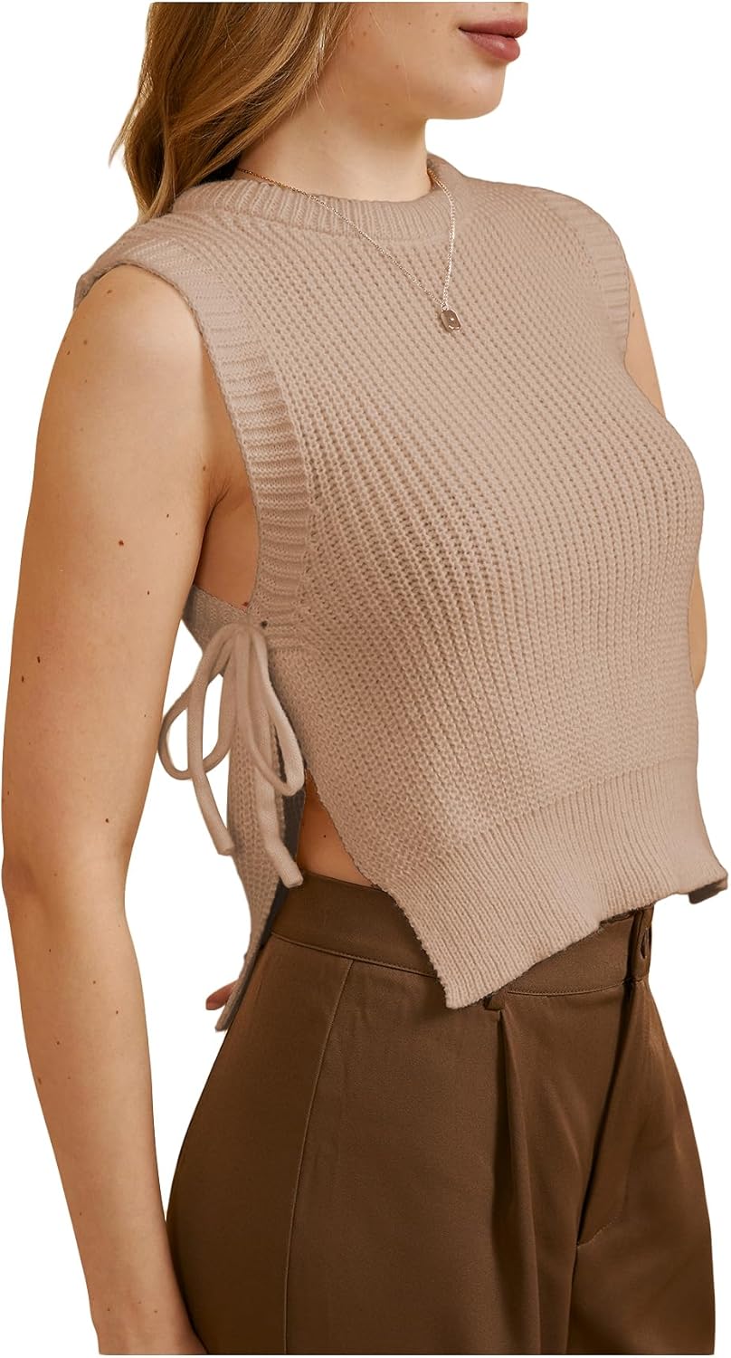 MakeMeChic Women's Tie Side Sweater Vest Tops Split Hem Knitted Sleeveless Crew Neck Tank Fall Top