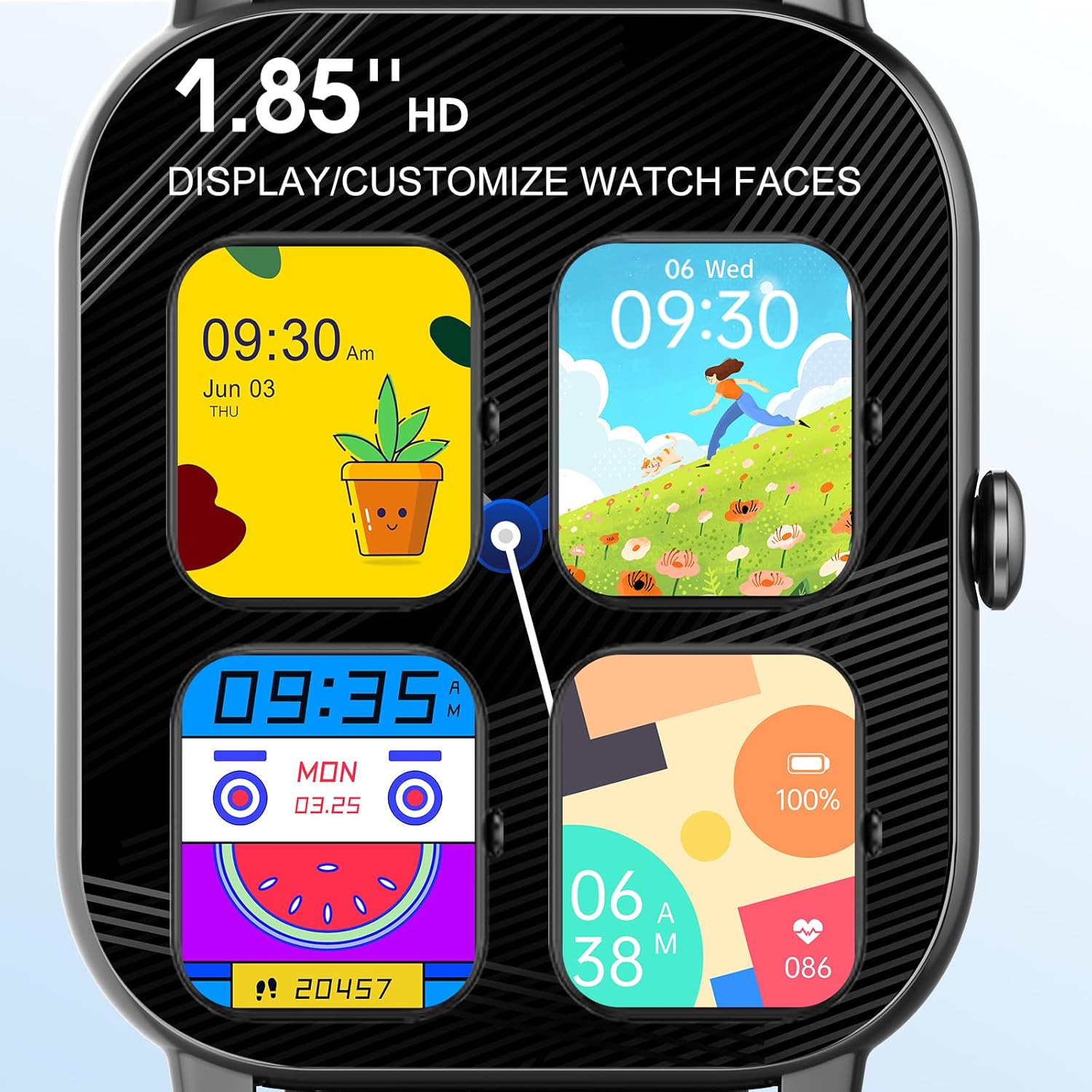 Three panels illustrating the Ddidbi P66 Smart Watch's protection features: IP68 waterproof (watch submerged in water), dustproof (watch on a sandy beach), and shockproof (watch near a breaking object).