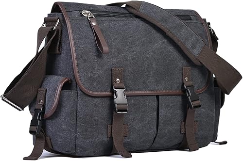 Miniatura 7 de Bolsa de mensajero vintage de lona para laptop de 15.6 pulgadas para hombres y mujeres, bolsa de hombro para computadora universitaria, maletines de