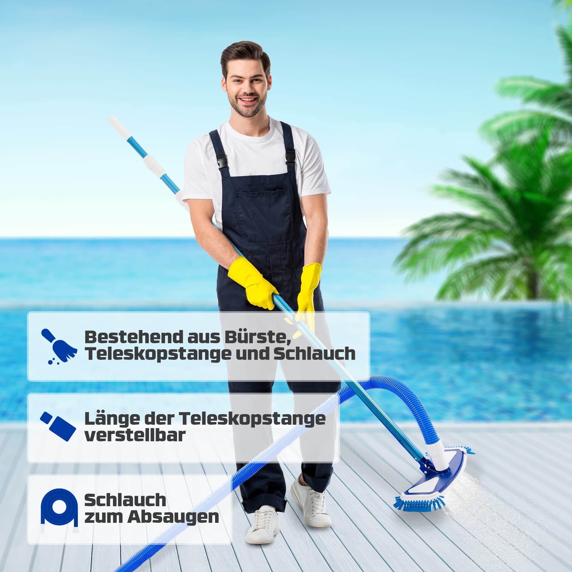 Arebos Poolbürste | Poolreiniger | Pool| Bodenreiniger | Saugbürste | Teleskopstange | Poolsauger mit Schlauch | Sauger für Poolboden | manueller Poolsauger