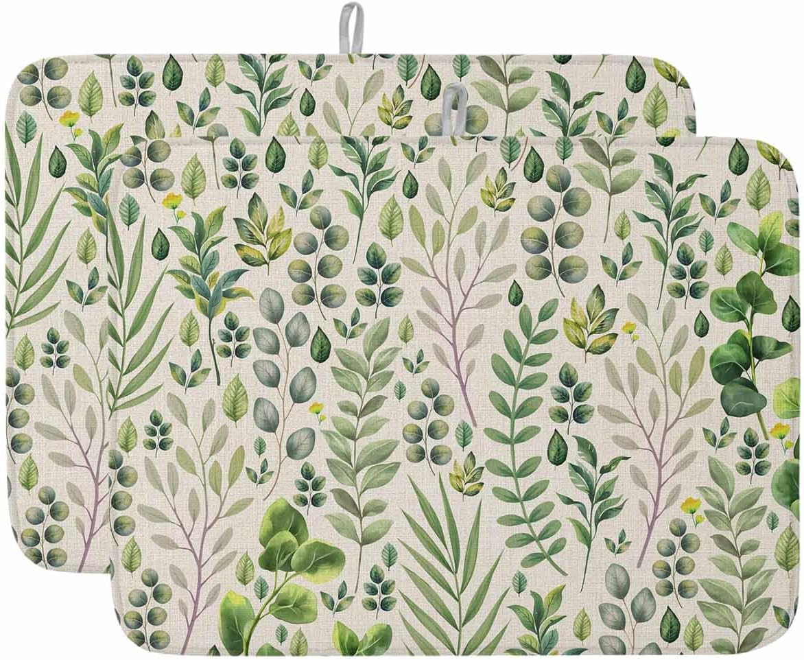 Dish Drying Mat 18 x 24 Inch, Green Leaves Absorbent Microfiber Coffee Mats for Kitchen Elegant Pastoral Summer Botanical Rustic Quick Drying Dish Drainer Pad 2 Pack
