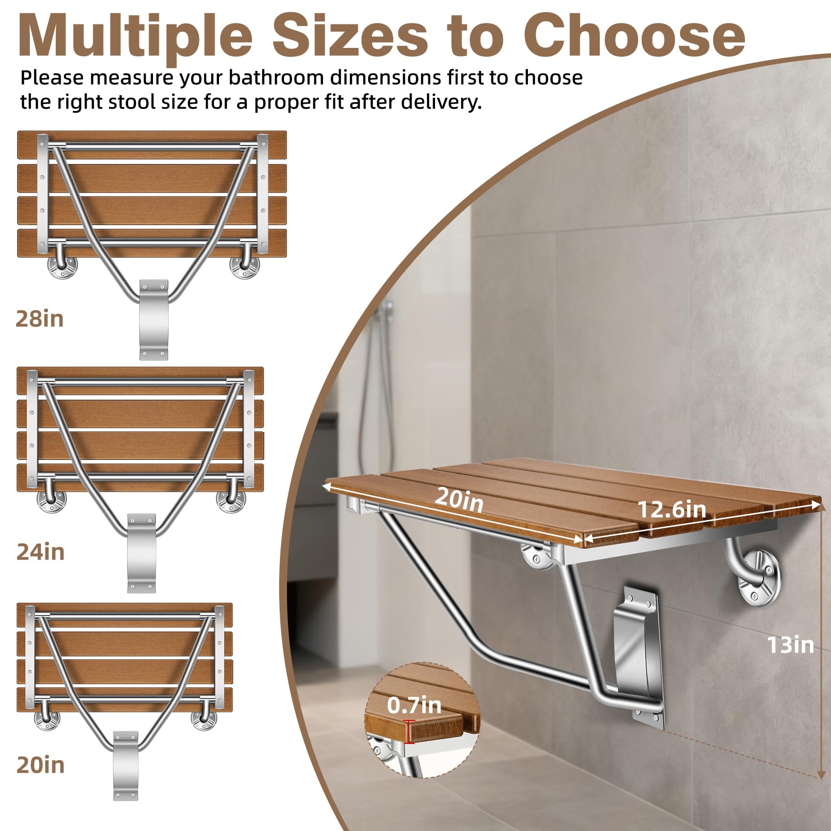 Asiento de ducha plegable de 20 pulgadas montado en la pared, banco de ducha plegable con soporte de acero inoxidable, capacidad de carga de 500 libras, silla de ducha plegable de teca para ancianos