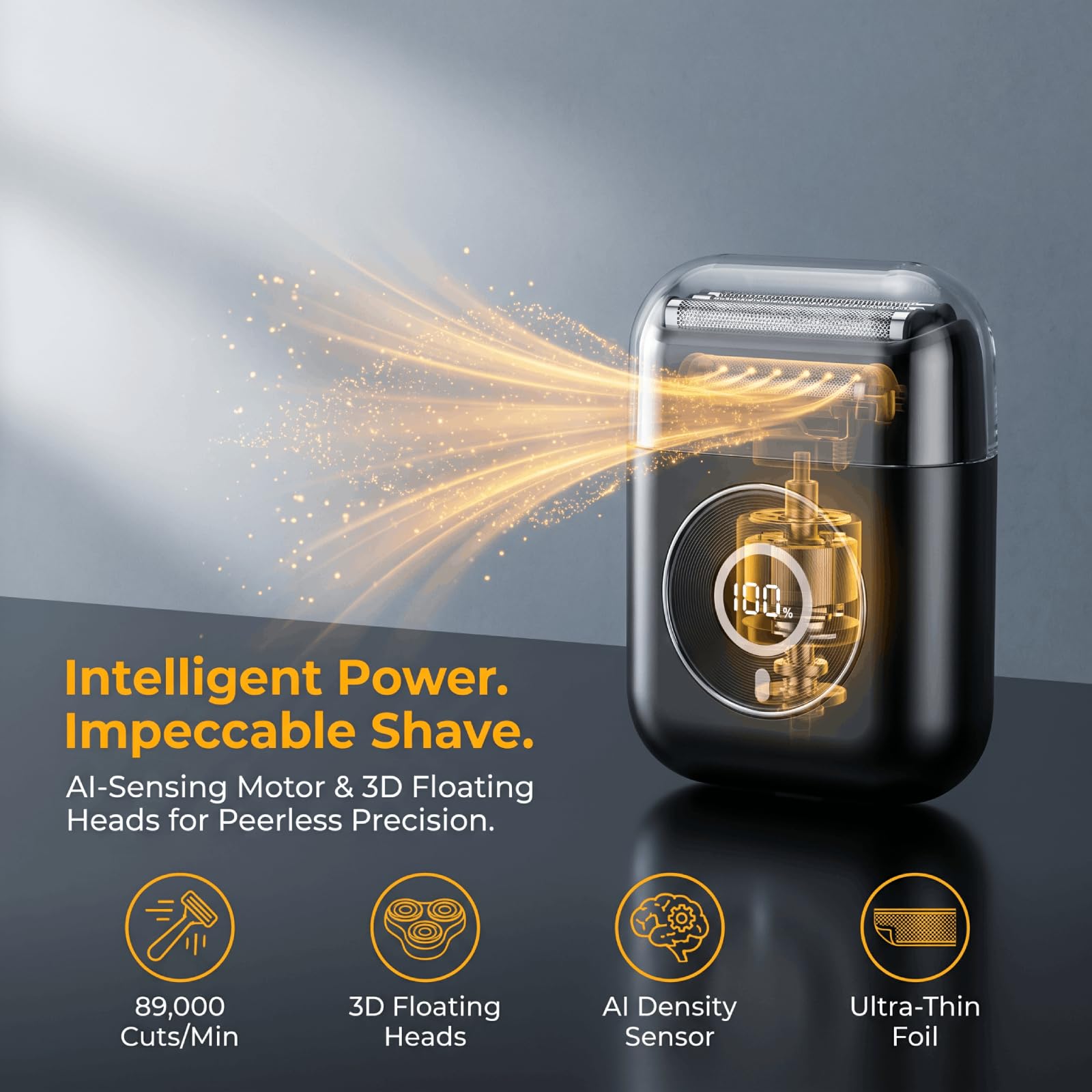 Mini Rasoio Elettrico Uomo, 3 Lame Flottanti 3D Lamina 0.03mm, 89000 Tagli/min, AI Rilevamento Intelligente, 90 Min Autonomia, Display LED, Portatile Auto Ufficio Viaggio