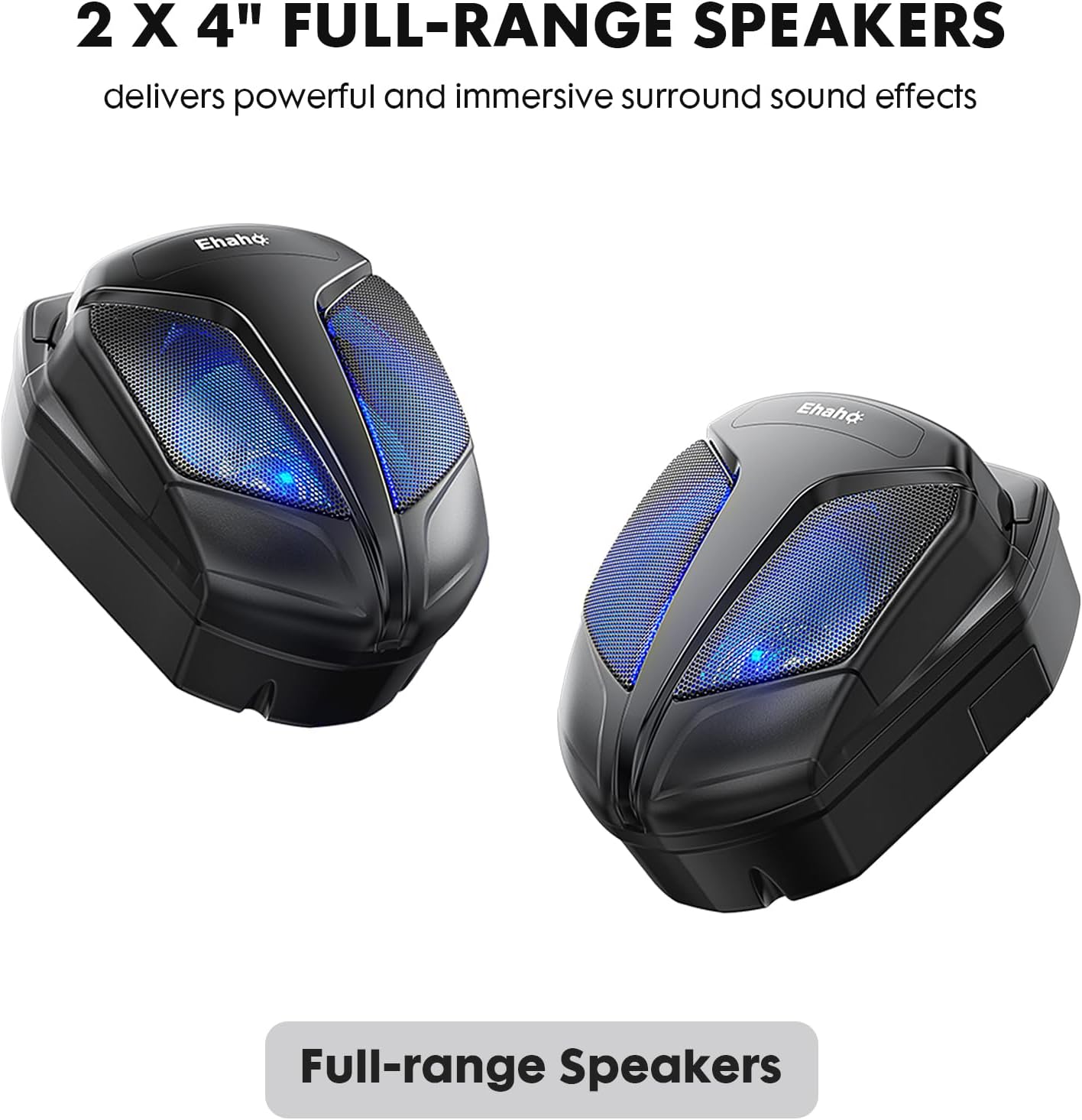 Two Ehaho full-range speakers with blue LED lights.