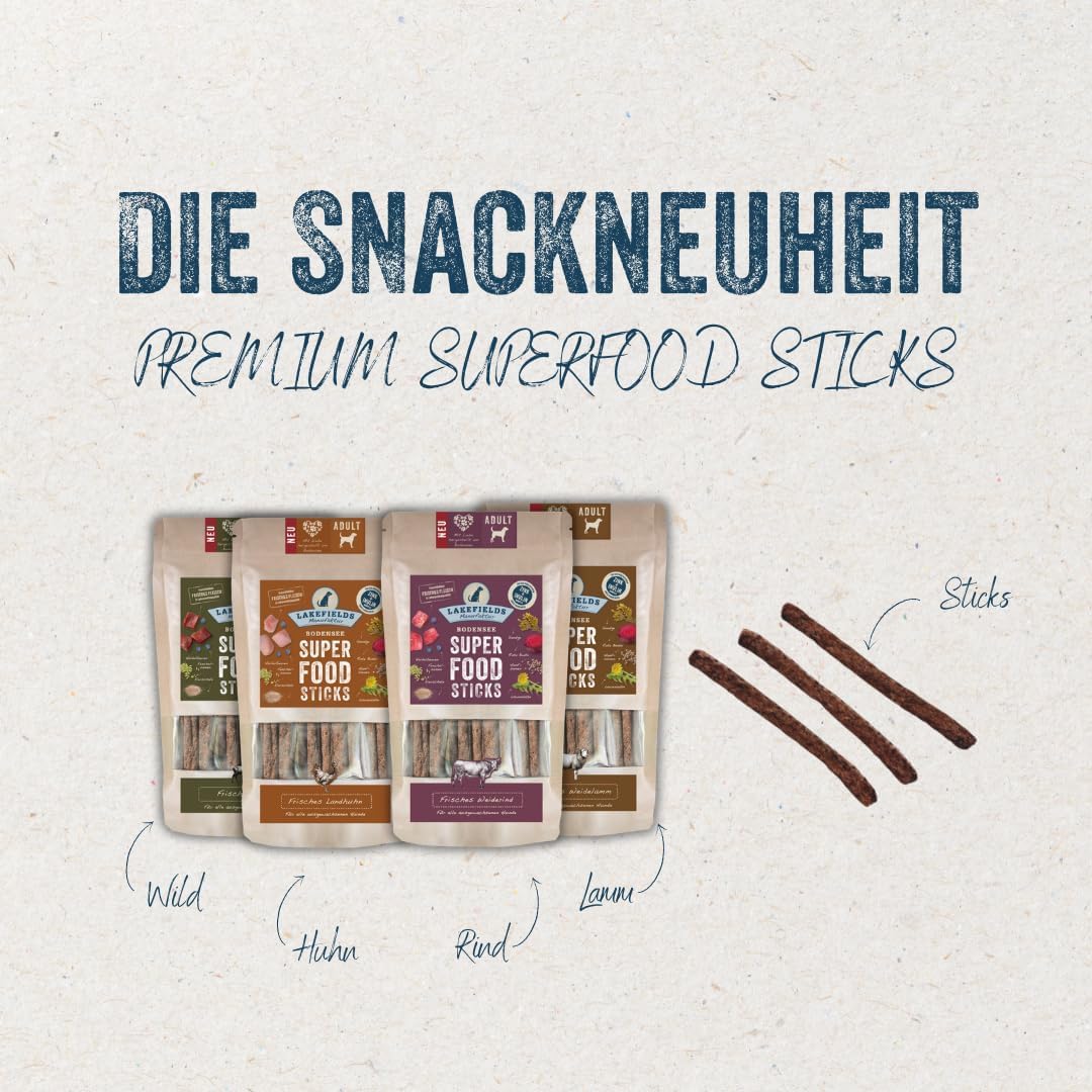 LAKEFIELDS MANUFAKTUR - SUPERFOOD - Premium Hunde Sticks vom Landhuhn, Hunde Snacks mit Hühnerfleisch 61%, Hanfsamen & Heidelbeeren, 1 x 130 g, Größe:8 x 130 g