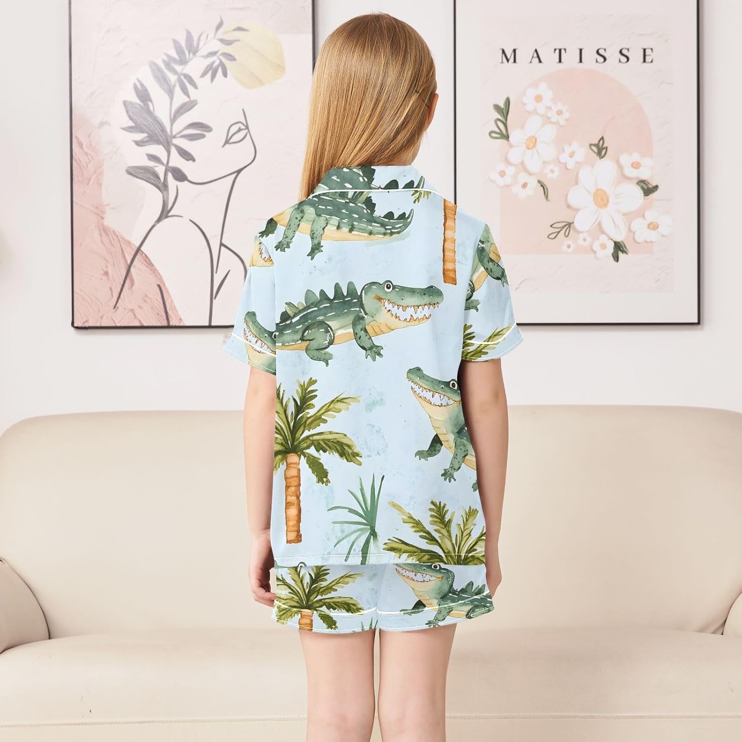 Kids Casual Satin Wear Set Palm Tree Crocodile Pattern Unisex Short Sleeve Clothing for Relaxing