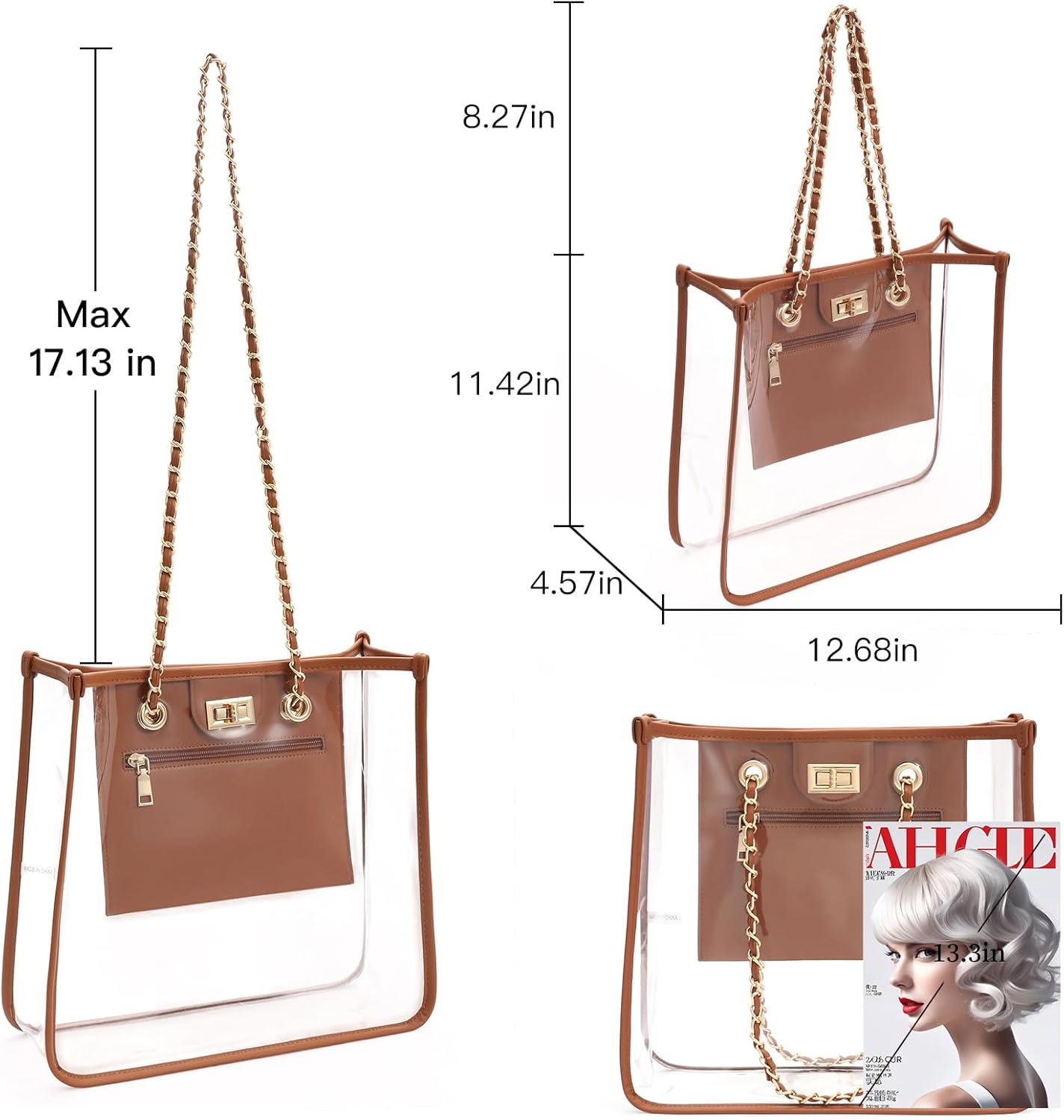 GOIACII Clear Tote Bag for Stadium Events Women Shoulder Handbag Purse with Chain Strap for Gym Beach Concert