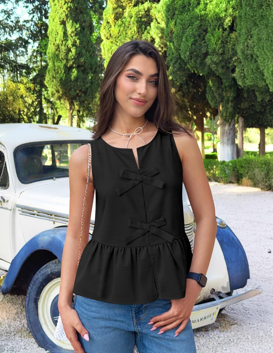 ZESICA Women's Summer Sleeveless Peplum Tank Tops 2026 Tie Front Crewneck Loose Flowy Ruffle Babydoll Going Out Shirts - Image 5