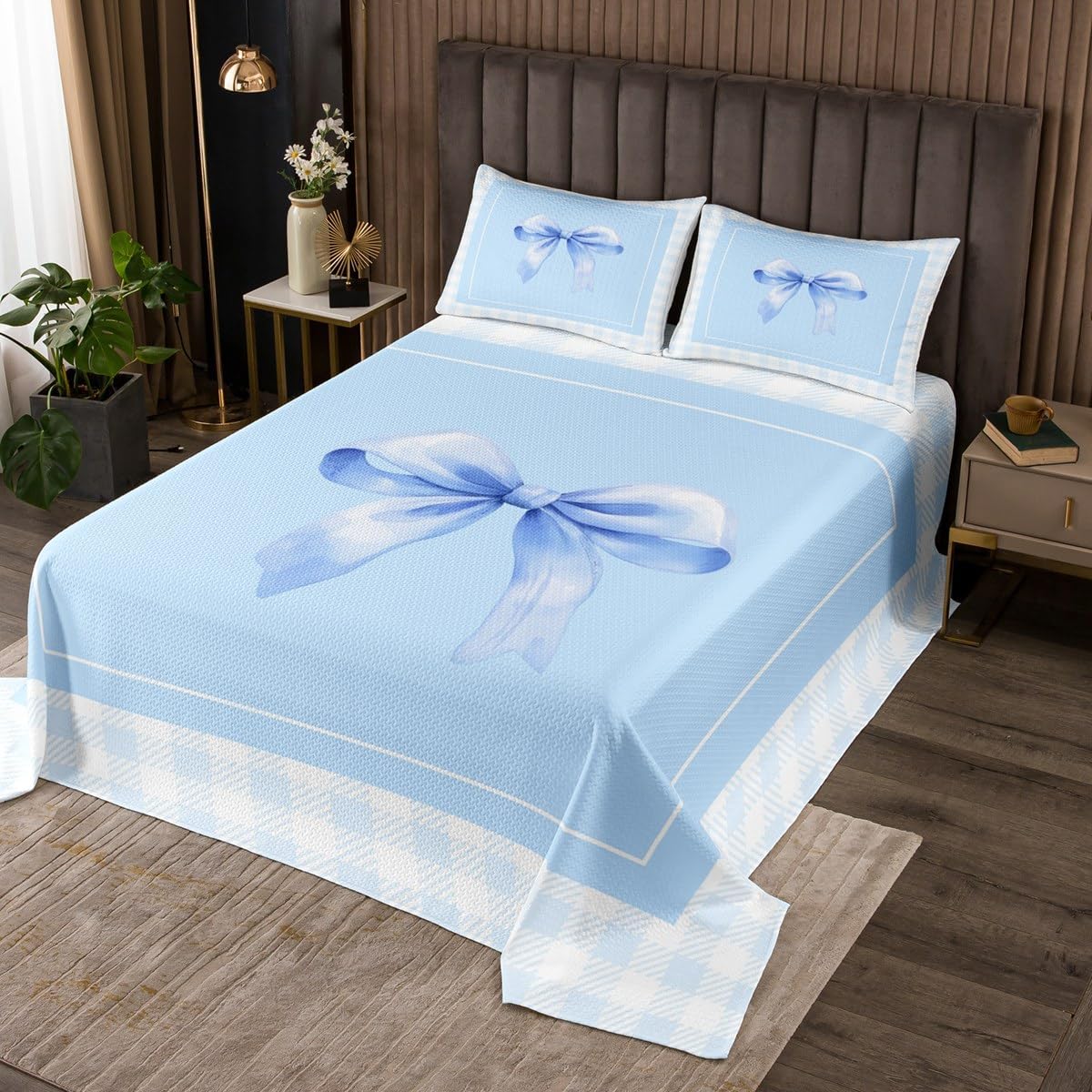 jejeloiu Bowknot Bedspread Kawaii Simple Bows Bedspread for Kids Boys Girls Cartoon Dreamy Coverlet Set Baby Blue Ribbon Quilted Bedroom Collection 3Pcs King Size