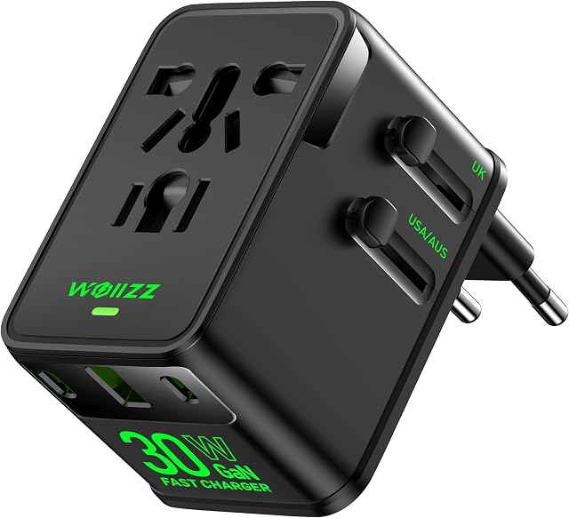 Adaptador de Viaje, Cargador Universal Mundial con Enchufe Europeo GAN 30W, 4 Puertos (1 AC, 1 USB-A, 2 USB-C), para USA, Europa, Reino Unido, Australia, Japón, Negro