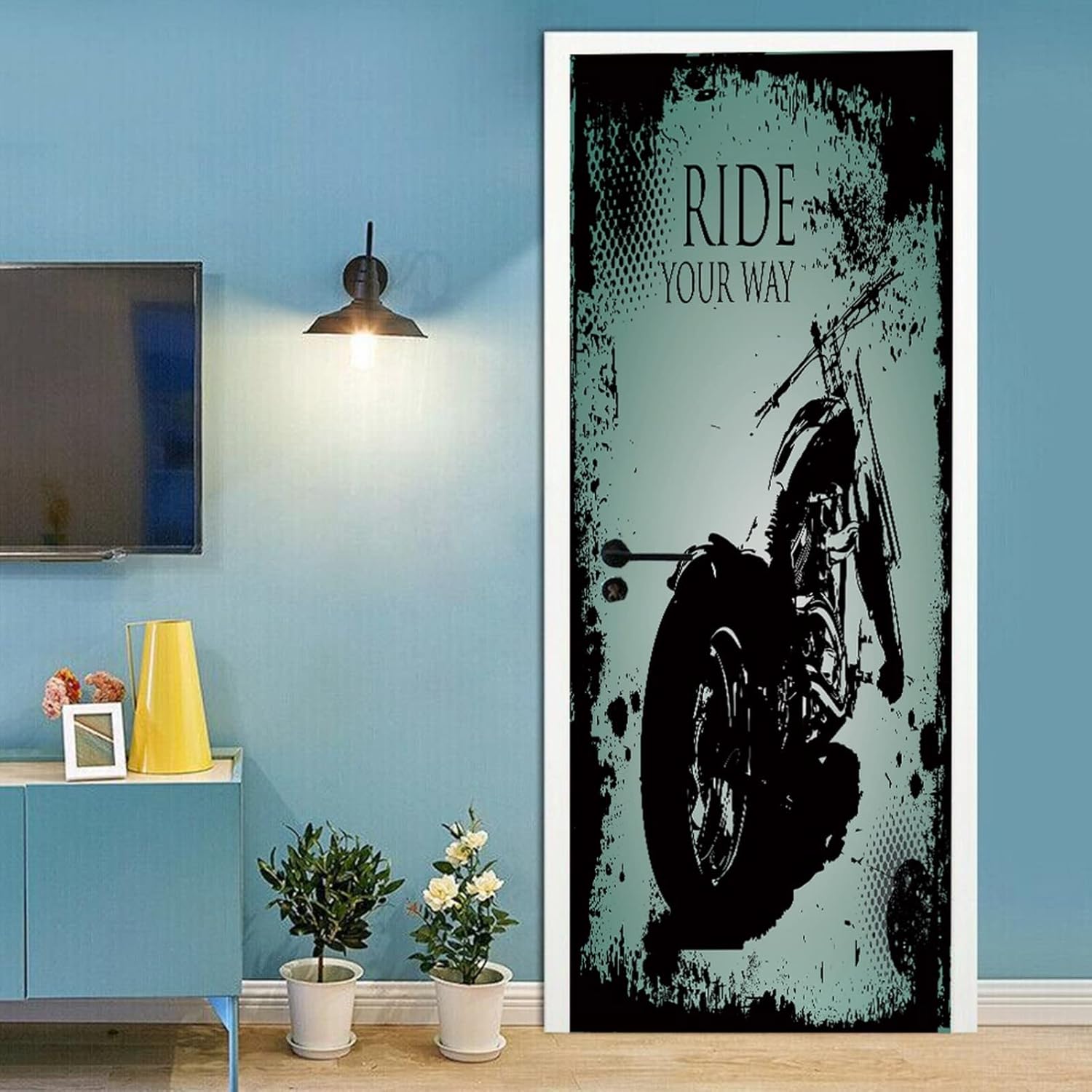 A.Monamour 3D Door Stickers for Interior Doors Retro Motorcycle Grunge Background Vinyl Removable Self Adhesive Door Poster Wallpaper Mural Decals for Bedroom Office Bathroom
