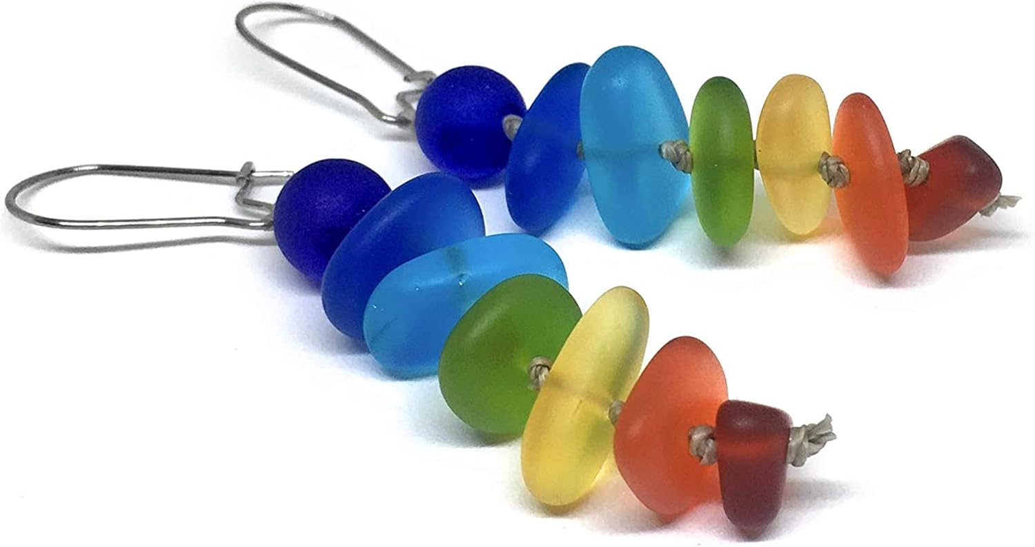 Chakra Sea Glass Pebble Earrings in the Rainbow Colors, Celebrate PRIDE, Boho Beach Jewelry Handmade in the Caribbean