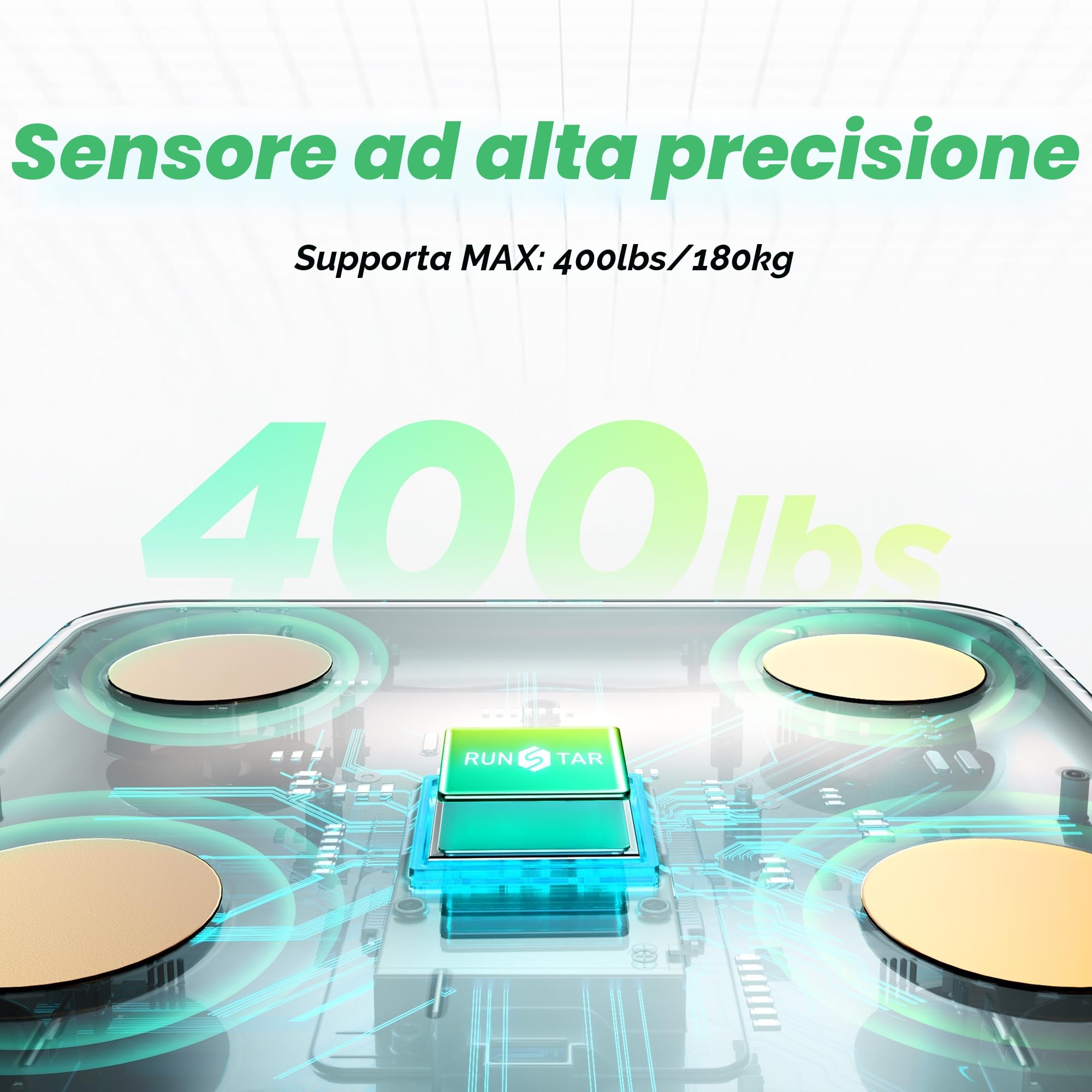 RunStar Bilancia Pesapesone, Bilancia Smart Con Display VA 8in1, Bilancia Pesapersone Digitale Alta Precisione Peso Corporeo, FC, BMI, Grasso Corporeo, 22 Dati Composizione Corporea, Sync App