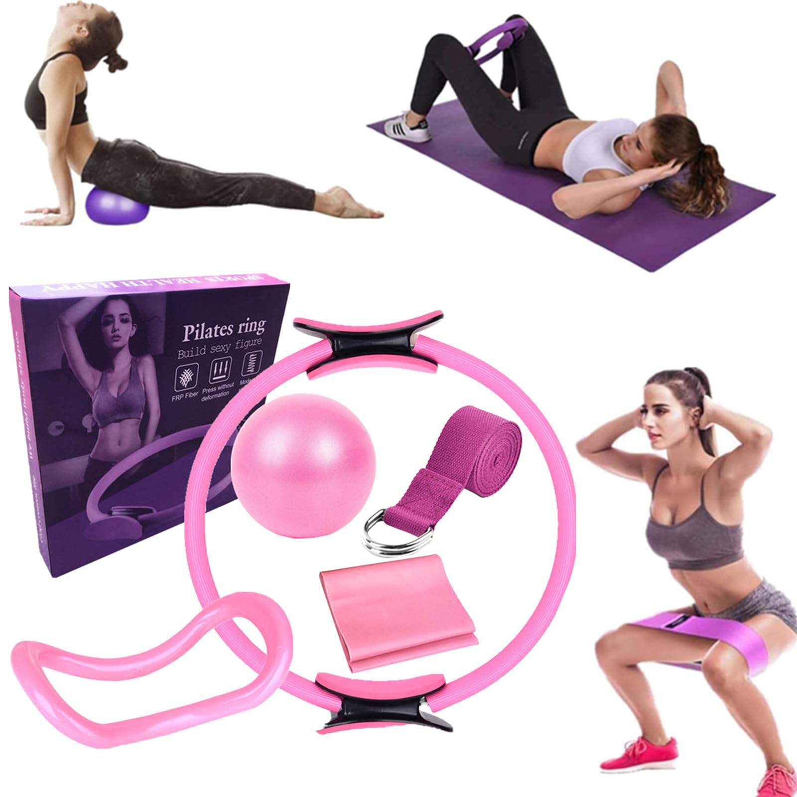 Ensemble Pilates Yoga 6 Pièces — Kit Maison, Accessoires Pilates, Bande de Résistance, Anneaux pour Jambes, Bras et Cuisses (Rose)