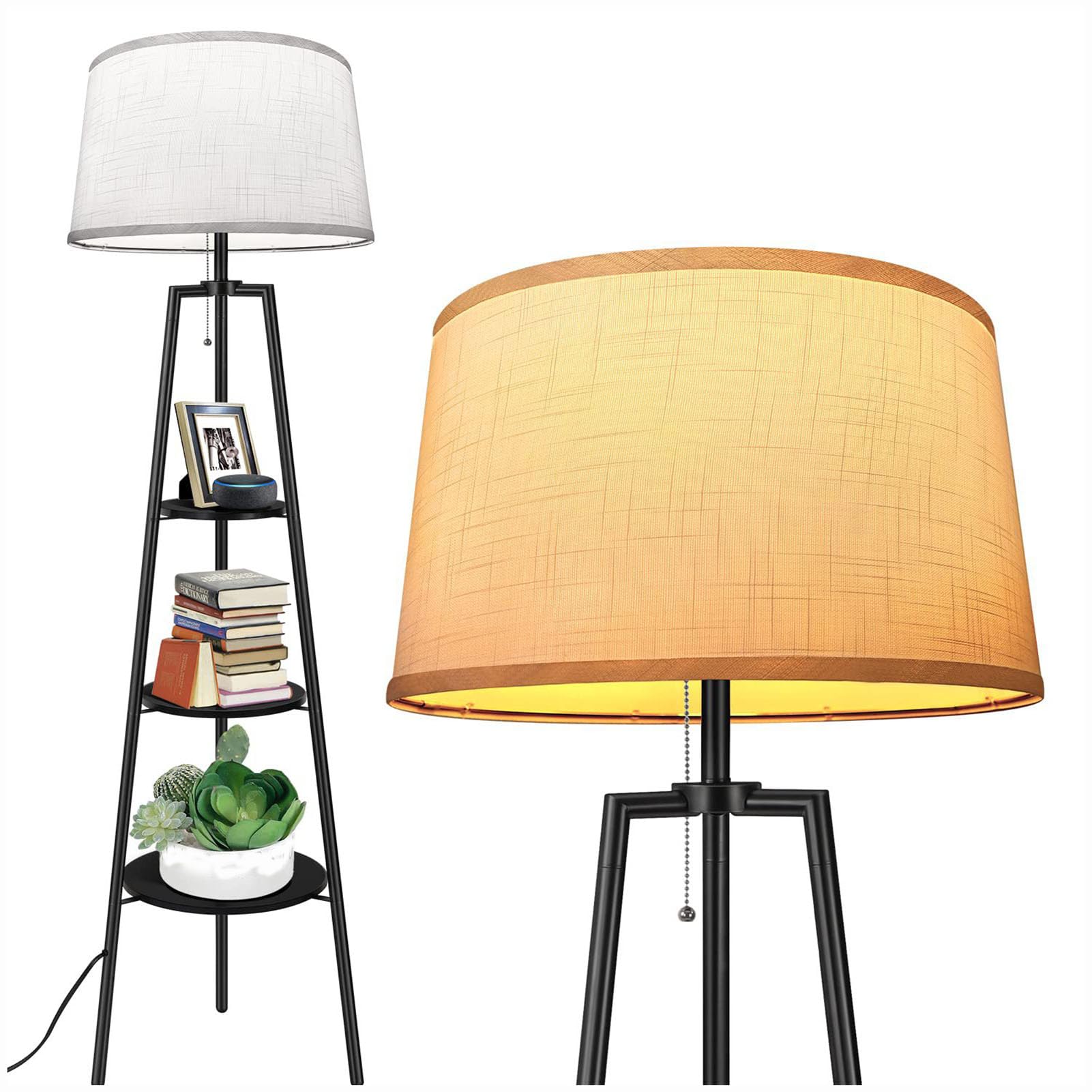 Lampe de lecture sur pied pour salon chaleureux avec étagères en bois