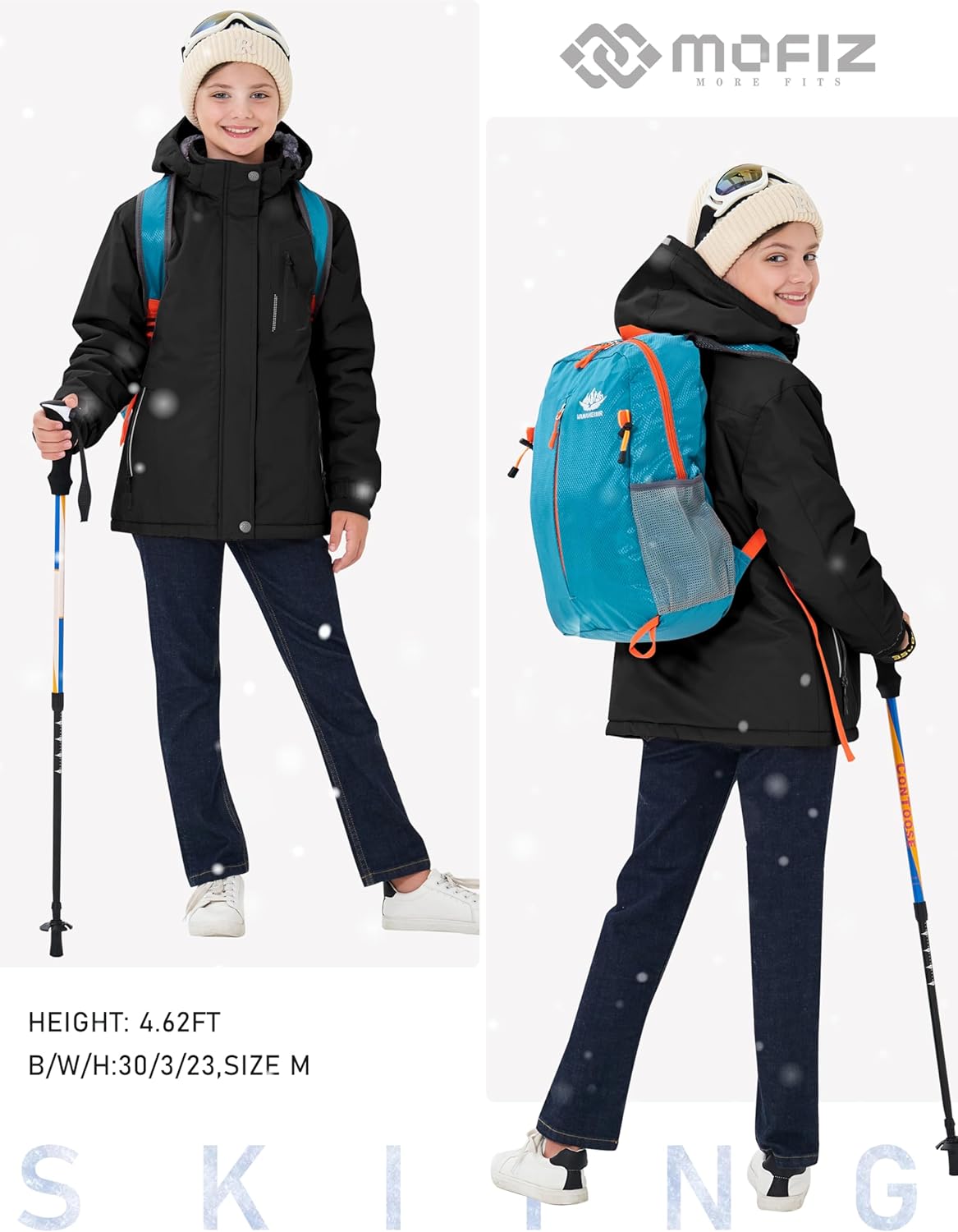 MoFiz Girls Ski Jacket Waterproof Fleece Lined Snowboard Jacket Warm Winter Snow Coats with Removable Hood - Image 6