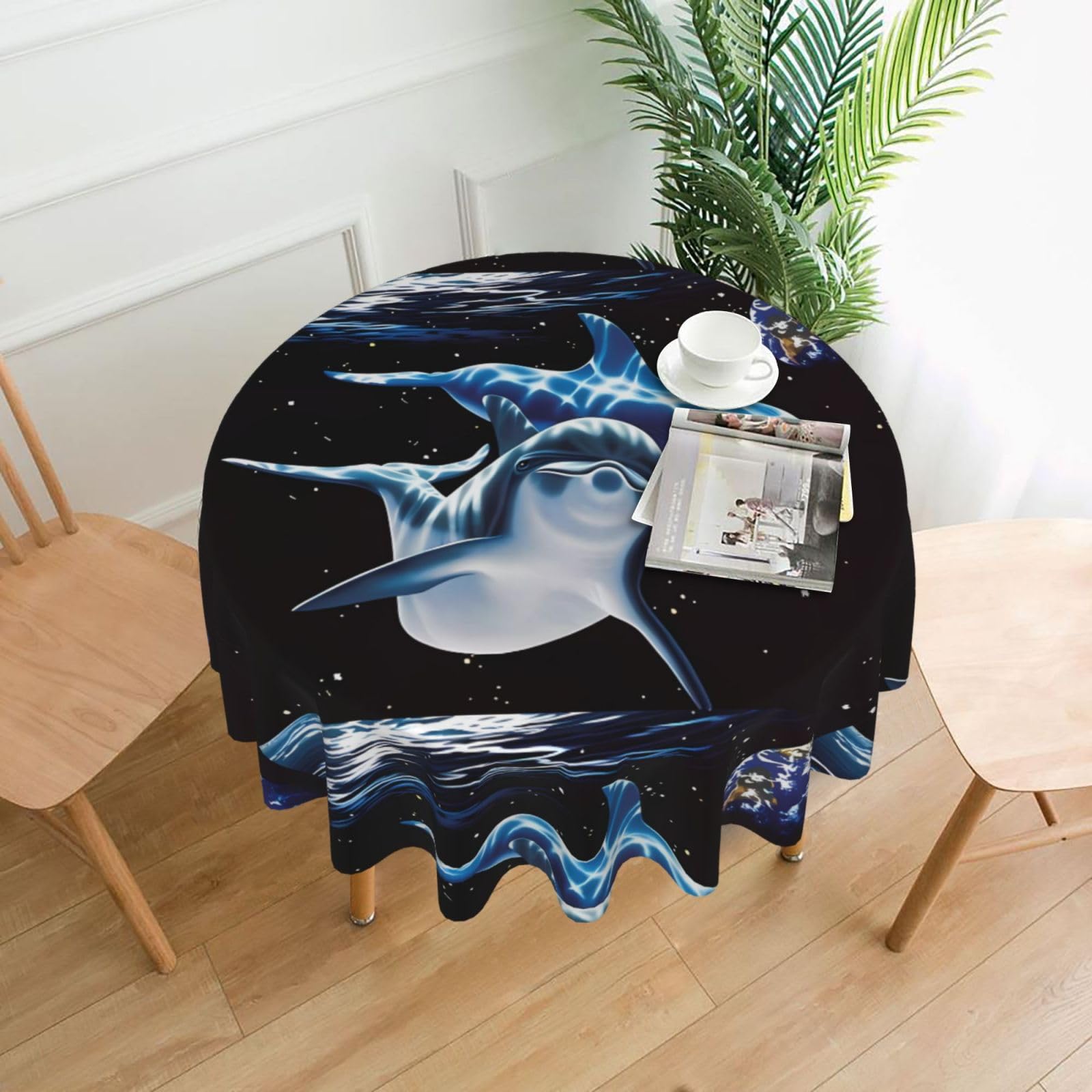 WHJSHOP Dolphin Black Prints Round Table Throw 60 Inch – Waterproof Table Cover for Dining, Coffee Tables, Parties & More - Soft, Wrinkle-Resistant Table Layer