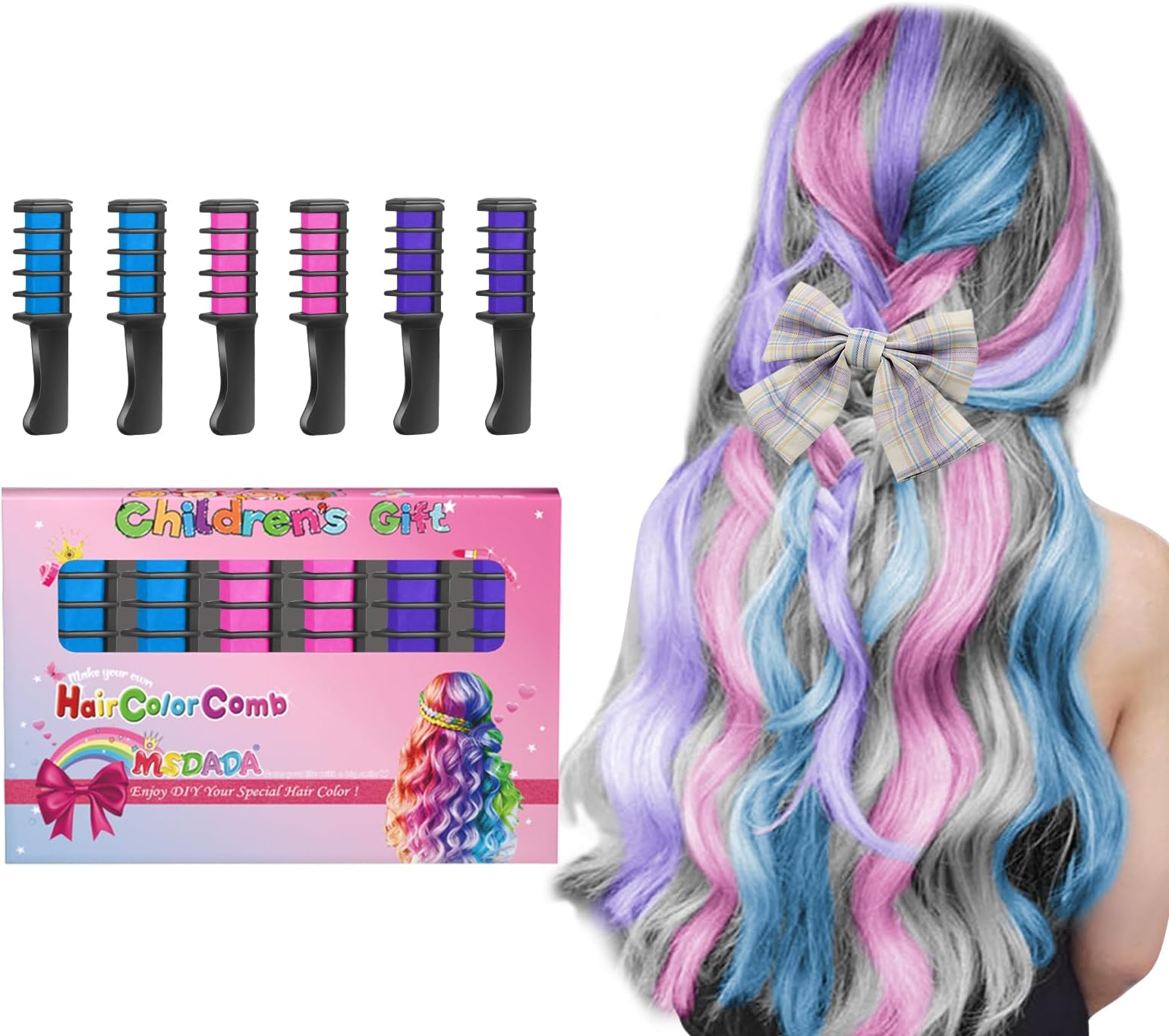 New Hair Chalk Comb Temporary Hair Color Dye for Girls Kids with Light Color Hair, Washable Hair Chalk for Girls Age 4 5 6 7 8 9 10 Birthday Cosplay DIY Chrldren's Days(Blue & Pink & Purple)