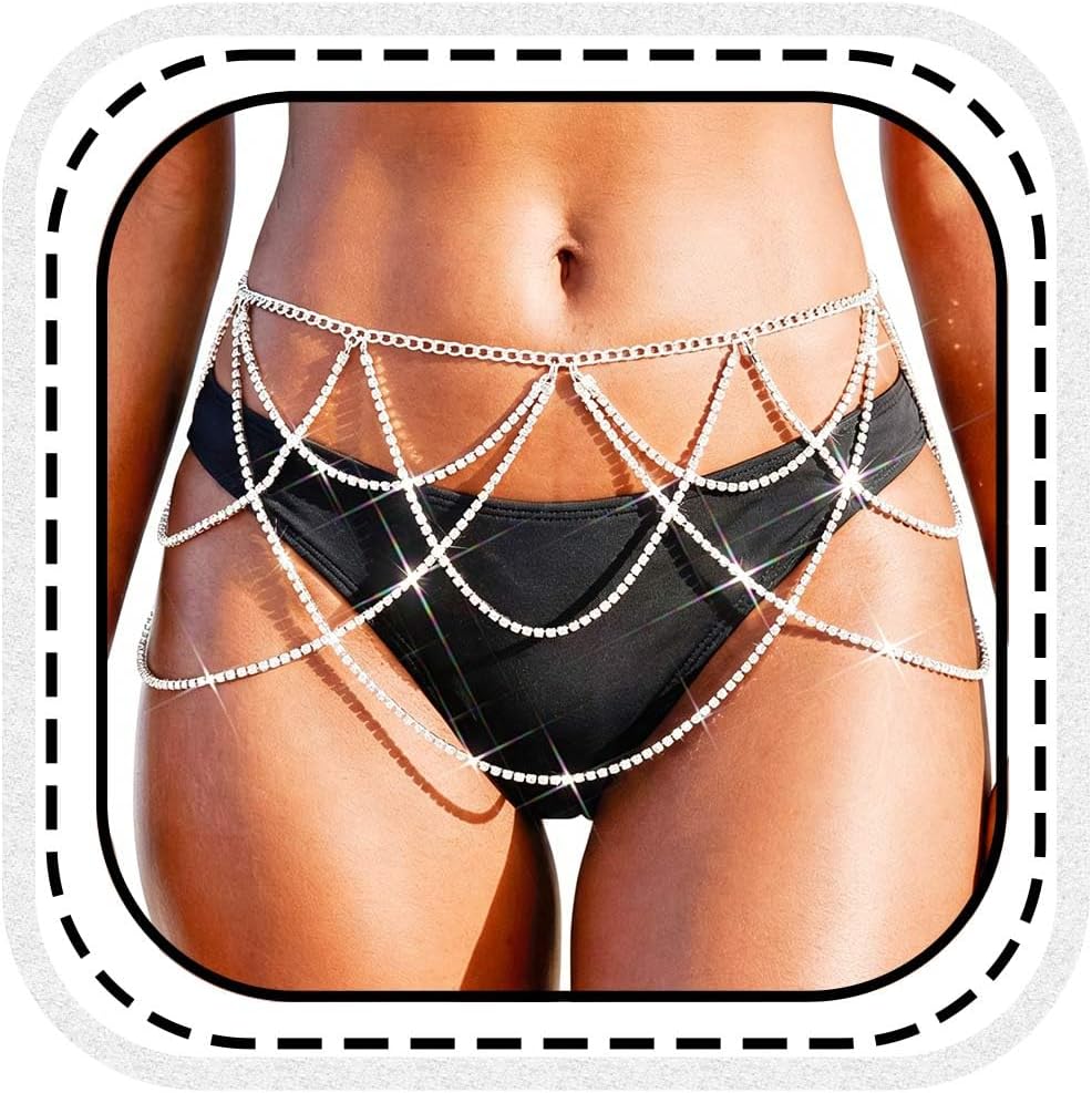 YONAMIX Silver Waist Chain Rhinestone Body Chains Jewelry for Women | Fashion Layered Crystal Belly Chain for Prom Rave Party
