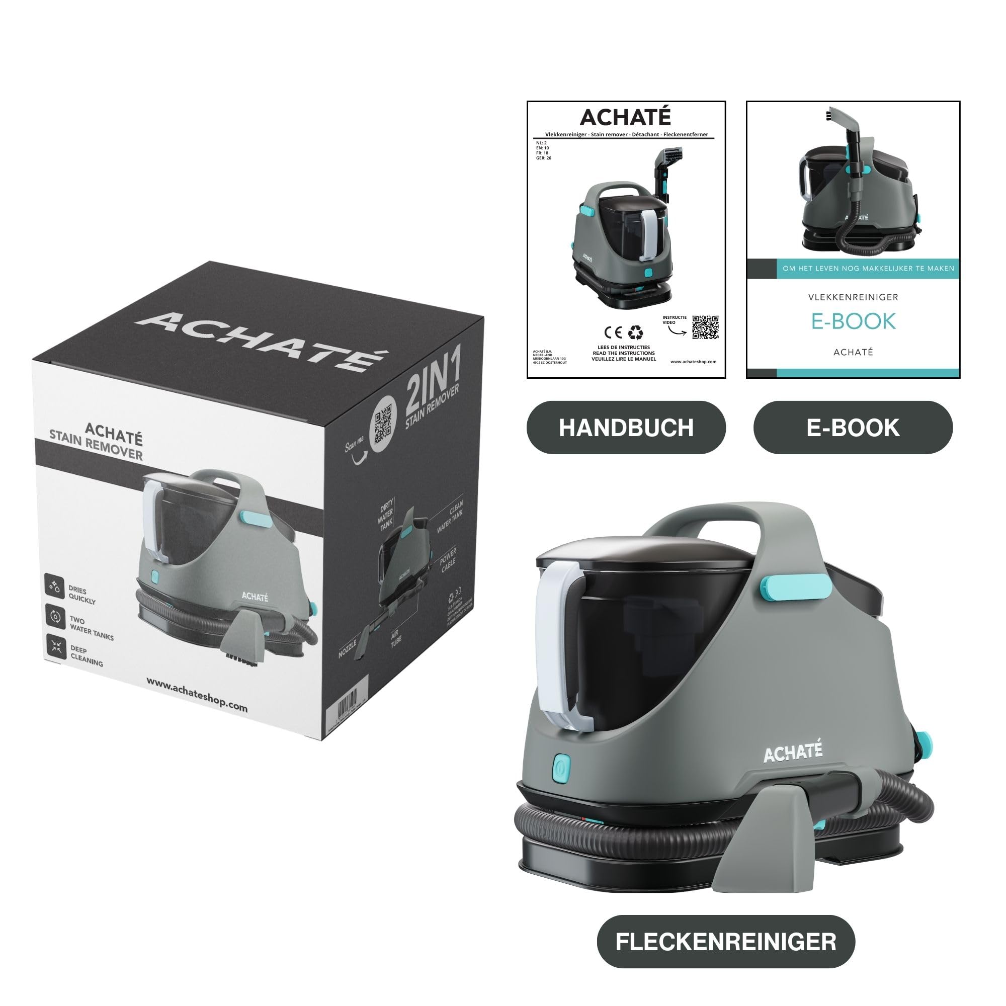 Achaté Waschsauger - Fleckenreiniger für Teppich, Sofa, Vorleger, Polster, Treppen, Auto - Leistungsstarker Teppichreiniger - Polsterreiniger Gerät 650W, 1,4L, Grau/Blau