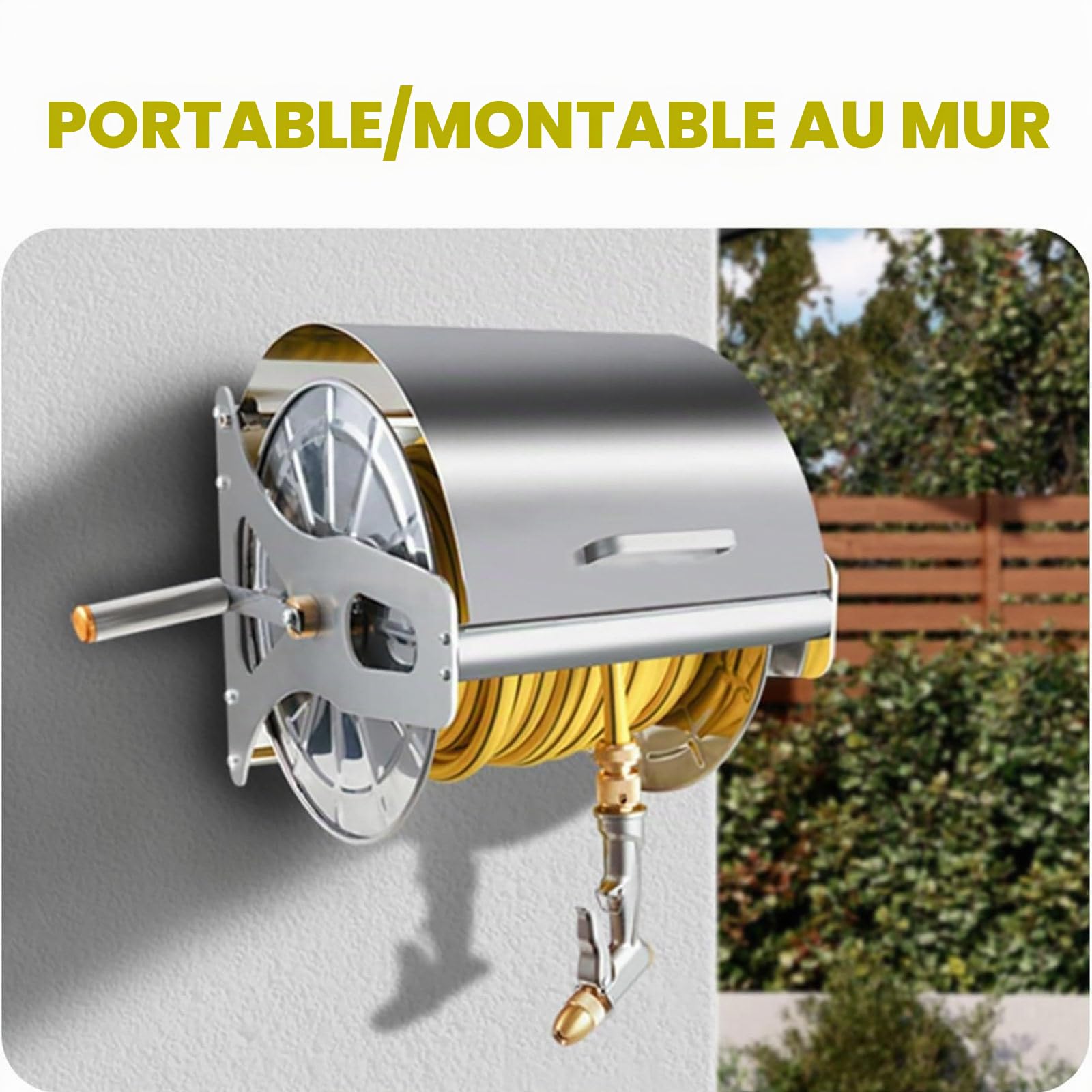Enrouleur de Tuyau d'arrosage Robuste en Acier Inoxydable avec poignée, Fixation Murale ou au Sol, rétractable par manivelle, Support Mural pour Tuyau de 50 m et de 12,7 mm (1/2 po). 40m