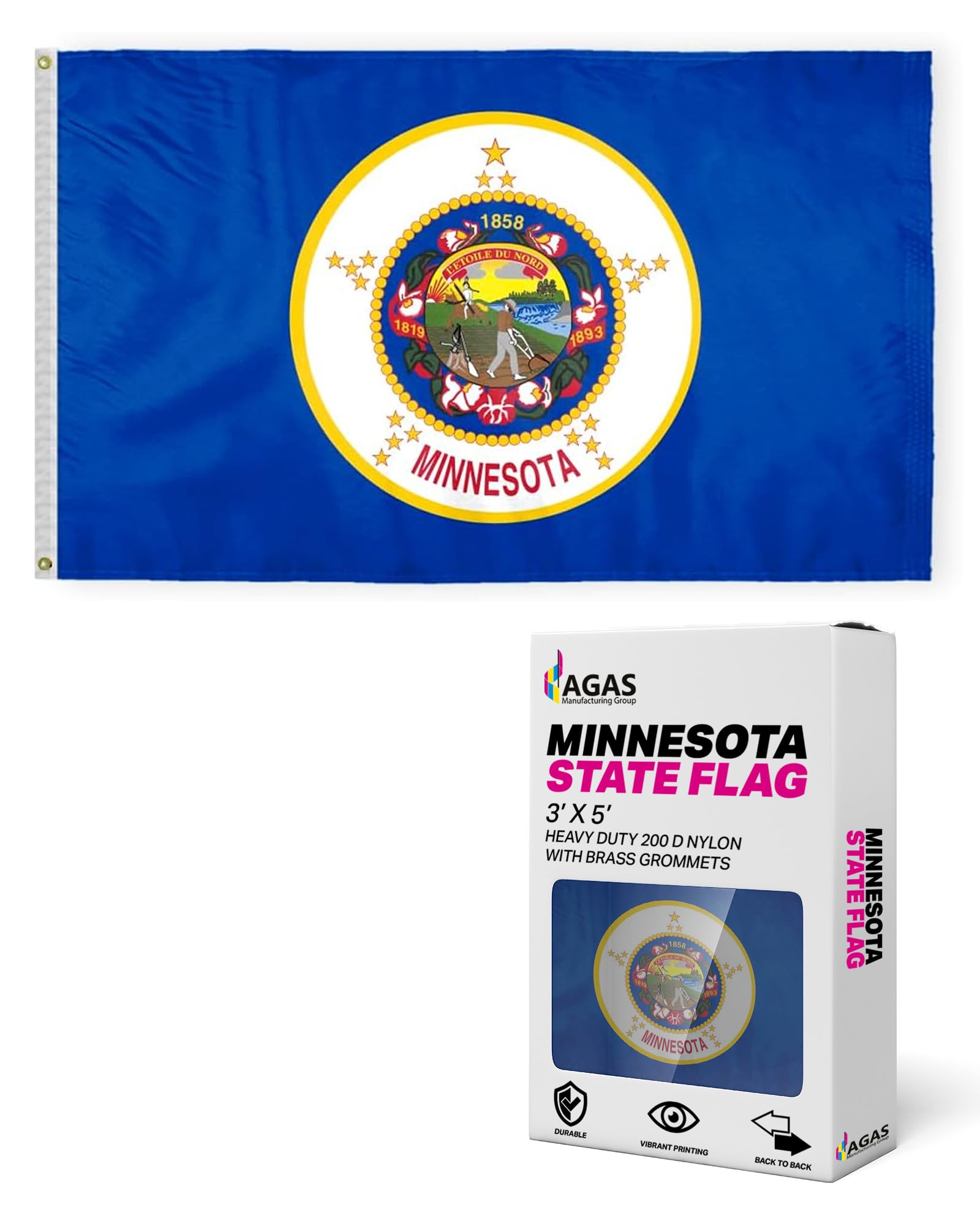 AGAS Minnesota State Flag 3x5 Ft - Double-Sided, 3-Layer Fabric, Heavy-Duty 200 Denier Nylon Flag with Brass Grommets - Premium Quality. Correctly Readable on Both Sides - Ideal for Patriotic Indoor/