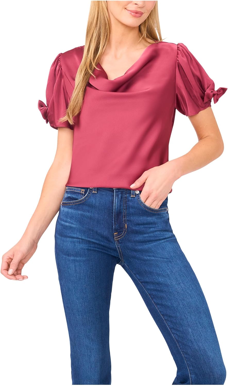 CeCe Womens Cowl Neck Bubble Short Sleeve Top