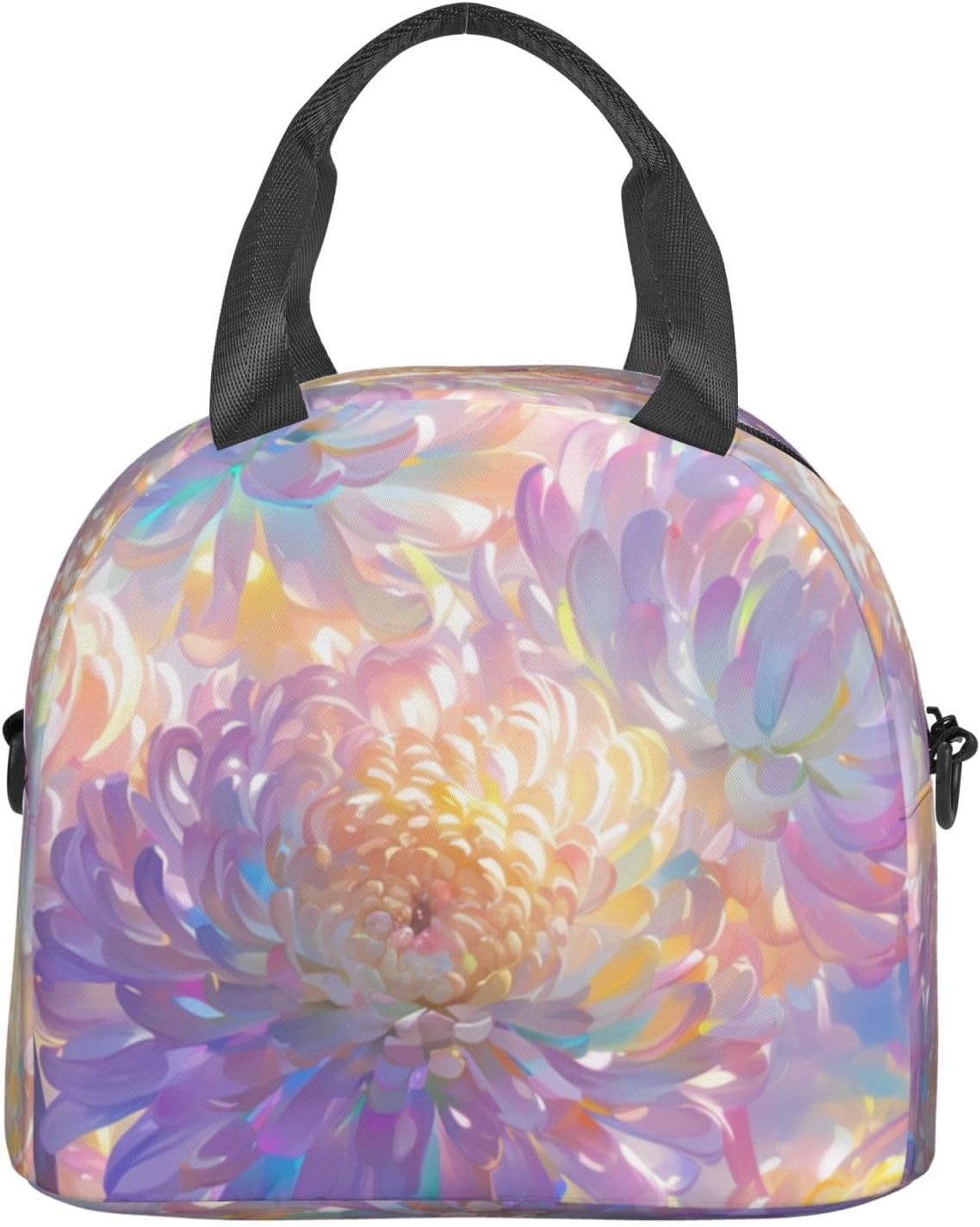 Beautiful Rainbow Flowers Chrysanthemums Print Reusable Lunch Bag Insulated Lunch Boxes for Office Work Picnic Tote Bag Adjustable