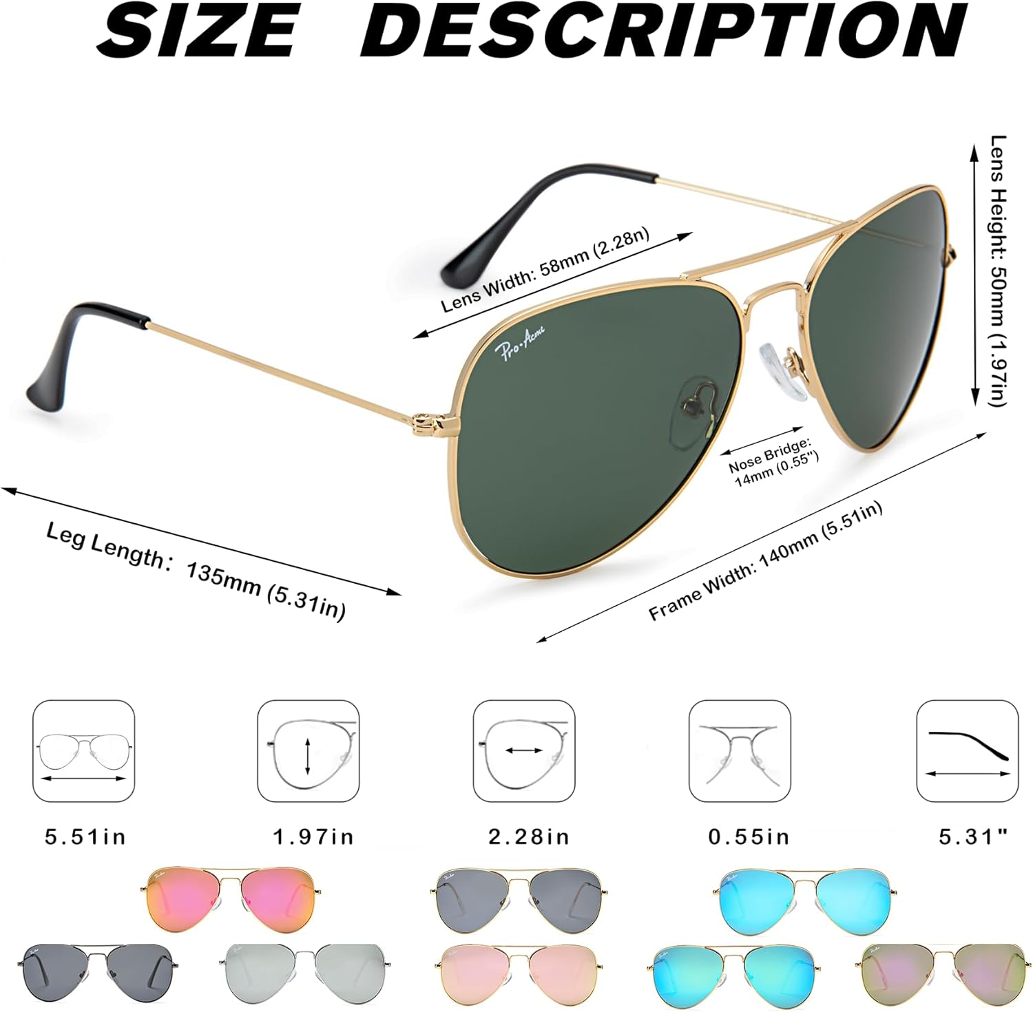 Pro Acme Classic Polarized Aviator Sunglasses for Women Men, Lightweight Metal Pilot Frame UV400 Protection 58MM - Image 3