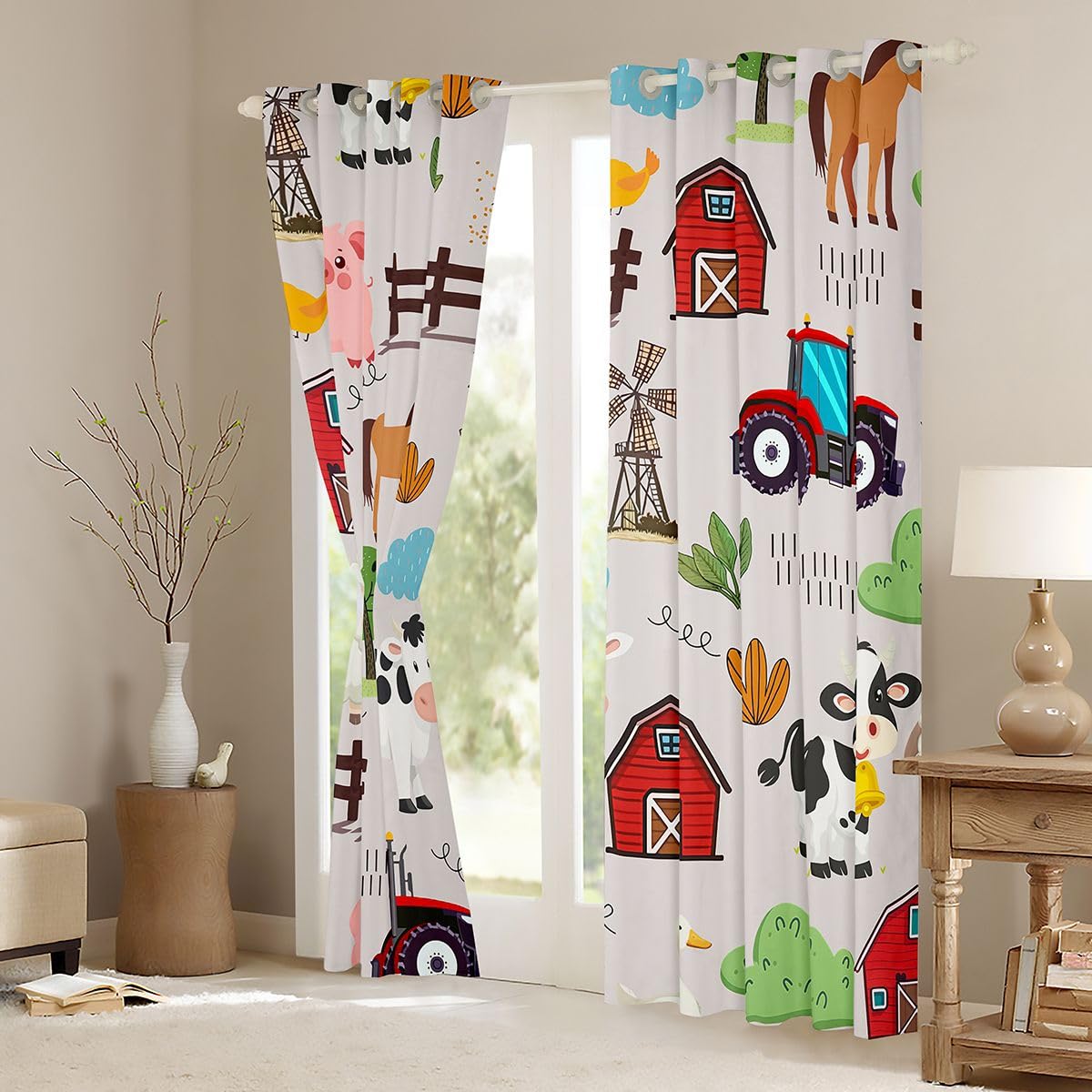 Loussiesd Cow Pig Horse Chicken Window Treatments, 2 pannelli W46*L54