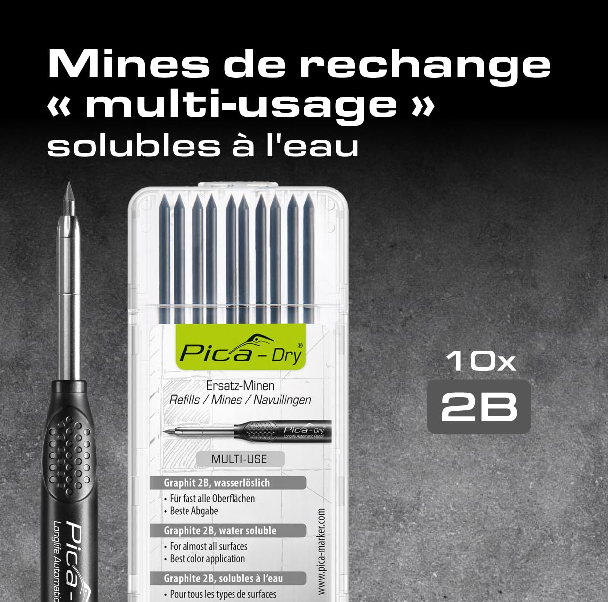 Pica‑Dry Bundle 30403 | Marqueur automatique de trous profonds 3030 Longlife | Taille‑mine et clip | Set de mines 4030 (10 graphite 2B) | Rechargeable, protégé contre poussière et humidité