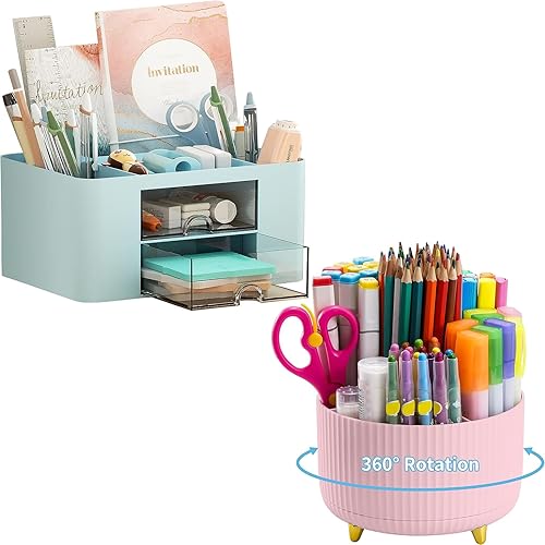 Marbrasse Organizador de bolígrafos con 2 cajones + soporte giratorio de 360 grados para escritorio