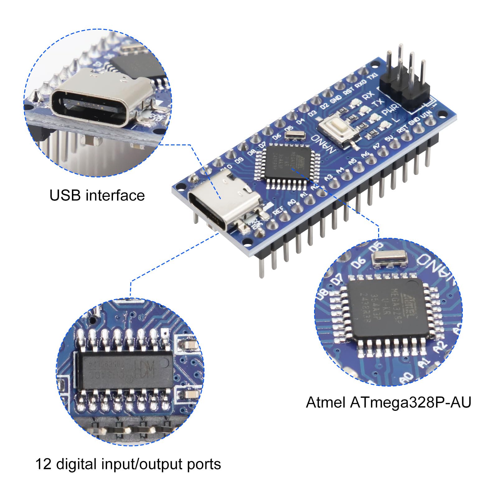 LUIRSAY 2Pcs Nano V3.0 Board ATmega328P/CH340G Chip Microcontroller Kit Compatible with Arduino IDE/PWM/SPI 5V 16M(USB C Port with 2Pcs USB Cable)