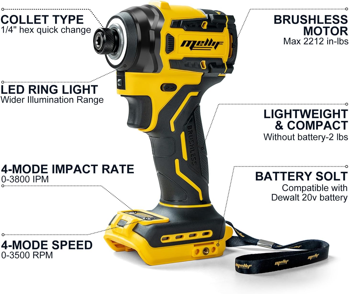 1/4-Inch Impact Driver Compatible with Dewalt 20V 60V Max Battery (Tool Only), 2212 in-lbs Torque, 4-Speed, Brushless Motor, LED Light