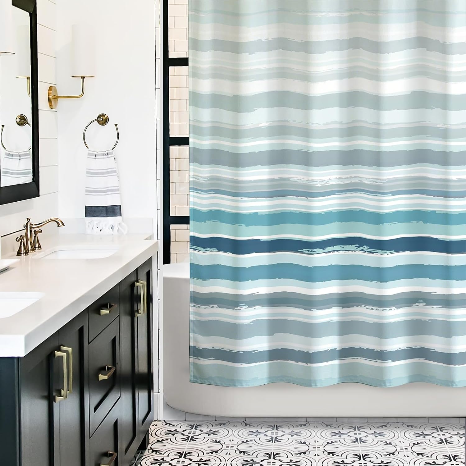 Sunlit Ombre Teal Textured Slubbed Fabric Shower Curtain, Teal Blue and White Stripe Shower Curtains for Bathroom Decoration, Wave Striped Bathroom Curtains, 72x72