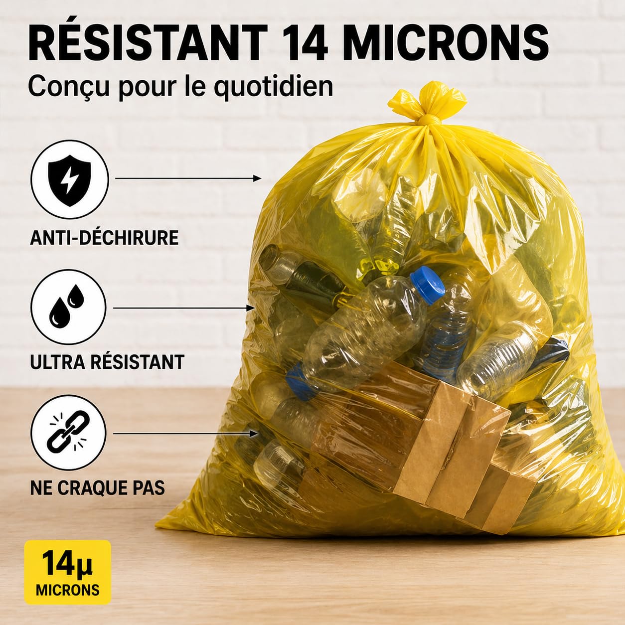 Bolsa de basura amarilla 50 l | 100 bolsas de basura de 50 litros (2 rollos de 50 bolsas amarillas) | Resistente (14 µ) e impermeable | Papeleras Oficinas – Cocina | Cierre de lazo para atar |
